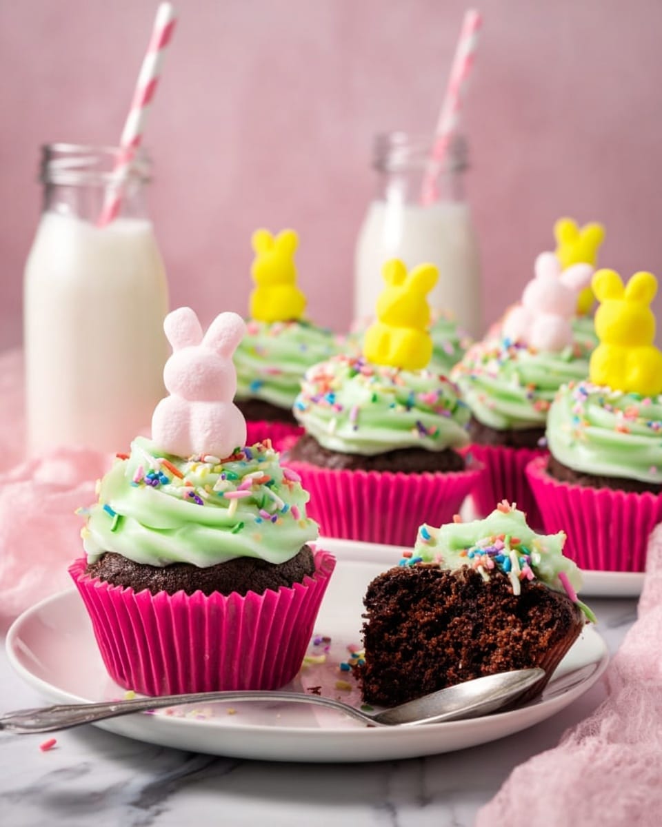 The image shows chocolate cupcakes with light green swirled frosting on top, each decorated with colorful candy sprinkles and a small marshmallow bunny in pink or yellow standing upright in the frosting. The cupcakes are in pink paper liners, and they sit on white plates with a white marbled surface below. One cupcake in the foreground has a bite taken out of it, revealing the dark chocolate cake inside, with a silver spoon resting on the plate next to it. In the background, two glass bottles of milk with pink and white striped straws add to the scene. The overall setting is bright and cheerful with a soft pink backdrop. photo taken with an iphone --ar 4:5 --v 7