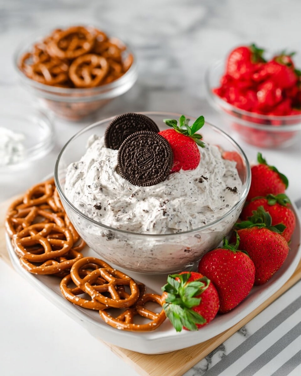 A clear glass bowl filled with a fluffy, light gray cream speckled with small dark pieces sits in the center of a white plate. The cream is topped with a bright red strawberry and half of a dark chocolate sandwich cookie. Around the bowl, on the white plate, are crunchy brown pretzels and fresh strawberries with green leaves, arranged neatly. In the background, there are two smaller clear glass bowls, one filled with red strawberries and the other with more brown pretzels, all set on a white marbled surface. photo taken with an iphone --ar 4:5 --v 7