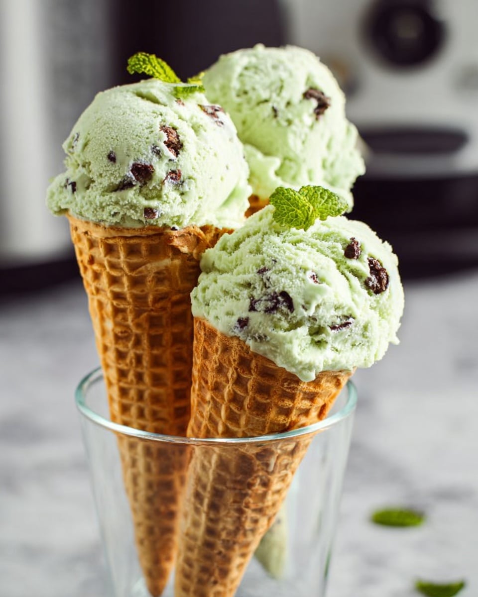 Two waffle cones stand upright inside a clear glass cup, each cone holding a scoop of pale green ice cream with small dark chocolate pieces scattered throughout. The ice cream has a creamy, slightly rough texture, with one scoop topped with a small fresh green mint leaf. The cones have a golden-brown grid pattern and a crisp texture. The background shows a blurred white marbled surface with kitchen appliances faintly visible. photo taken with an iphone --ar 4:5 --v 7