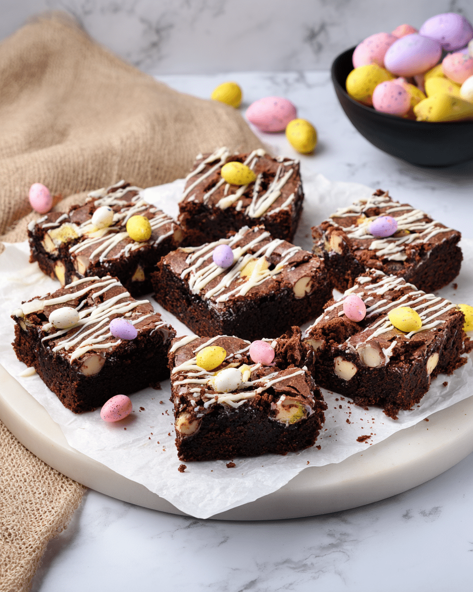 The image shows eight square pieces of rich, dark chocolate brownies arranged on white parchment paper on a white, round plate. Each brownie has a thick, moist texture with visible chocolate chunks inside. The top of each brownie is decorated with a drizzle of white chocolate in thin, uneven lines and sprinkled with small pastel-colored speckled candy eggs in shades of yellow, pink, and purple, some of which are cracked open. The plate is placed on a white marbled surface with a beige cloth and a black bowl filled with more colorful candy eggs in the background. Photo taken with an iphone --ar 4:5 --v 7