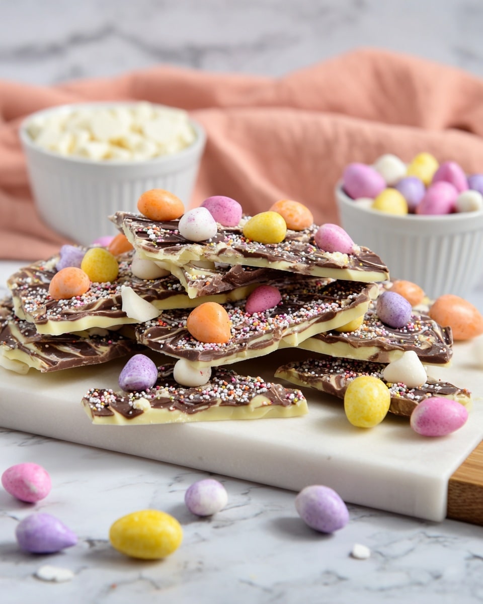 The image shows a pile of chocolate bark pieces stacked on a white marbled cutting board. Each piece has two layers: a smooth, creamy white chocolate base and a dark chocolate swirl on top with a textured mix of small candy sprinkles and tiny white nonpareils. Colorful candy-coated eggs in pastel shades of orange, pink, yellow, and purple are scattered on top and around the bark, adding bright pops of color. In the background, there are two white bowls, one filled with white chocolate chips and the other with more pastel candy eggs, all set against a white marbled surface with a soft peach cloth slightly out of focus. Photo taken with an iphone --ar 4:5 --v 7