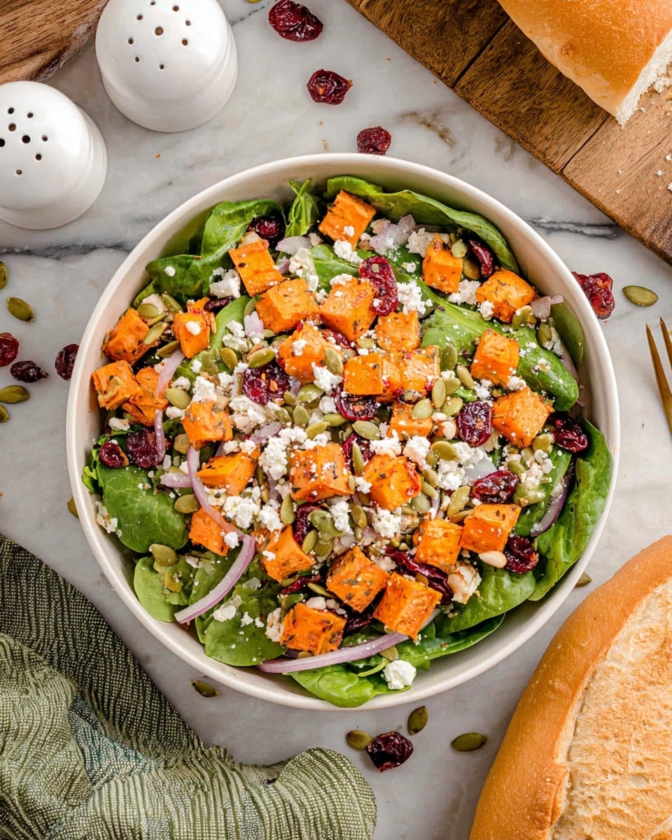 A white bowl filled with a colorful salad on a white marbled surface, showing several layers: a base of fresh green spinach leaves, topped with bright orange roasted sweet potato cubes, sprinkled with small red dried cranberries, thin slices of pale red onion, light green pumpkin seeds, and scattered white crumbled cheese. Around the bowl, there is a piece of torn golden brown bread on the right side and two white ceramic salt and pepper shakers on the top left. Some pumpkin seeds and cranberries are scattered on the surface near the bowl, with a green and white striped cloth on the bottom left. Photo taken with an iphone --ar 4:5 --v 7