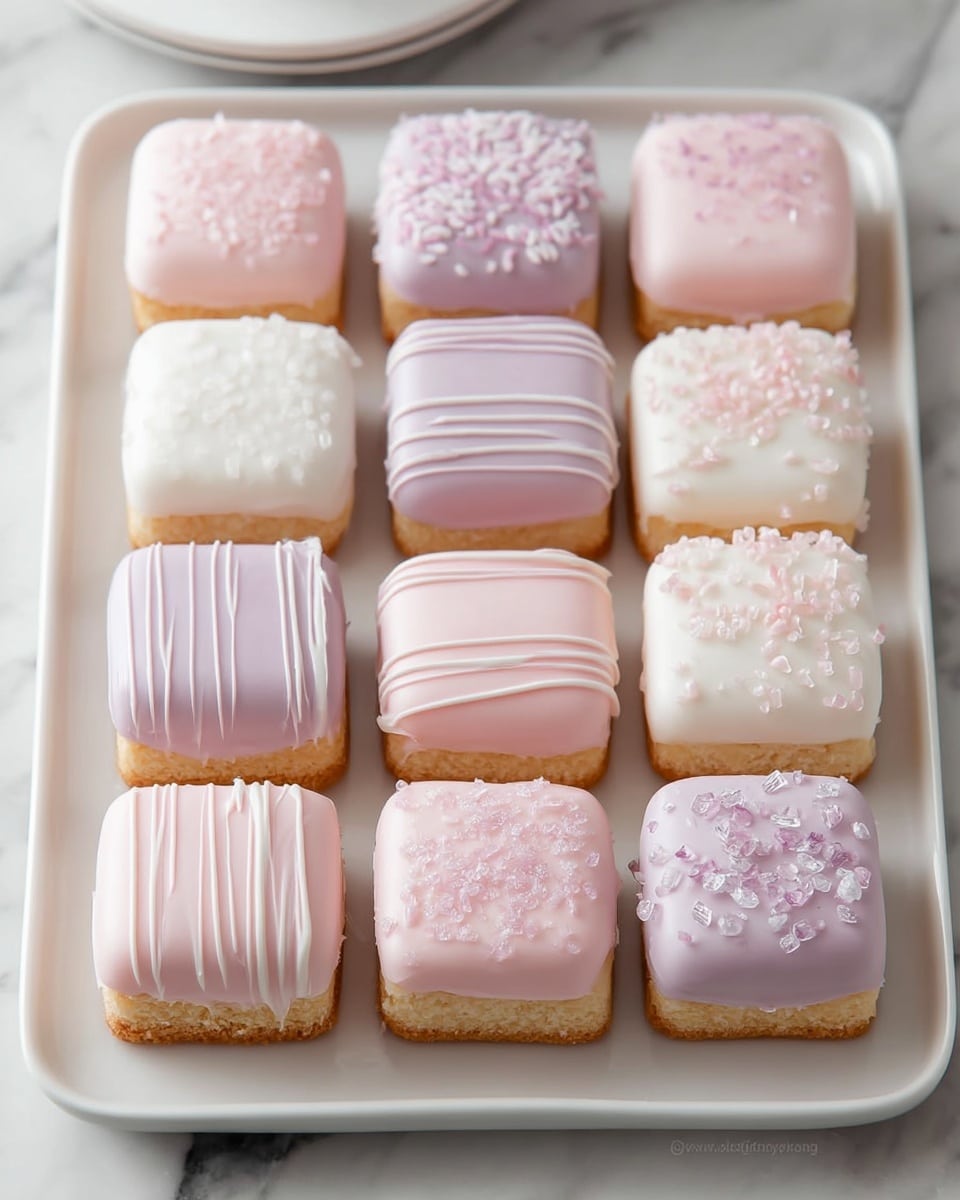 A white rectangular plate holds twelve small square petit fours arranged in a 3x4 grid. Each petit four has a golden base layer and a thick smooth icing layer on top. The icing colors alternate mainly between soft pink, light lavender, and white. Some cakes have icing decorated with thin white or pink icing lines drizzled over the top, while others are topped with small sugar crystals or sprinkles in matching pastel shades. The texture of the sprinkles adds a rough contrast to the smooth creamy icing. The plate sits on a white marbled surface. photo taken with an iphone --ar 4:5 --v 7