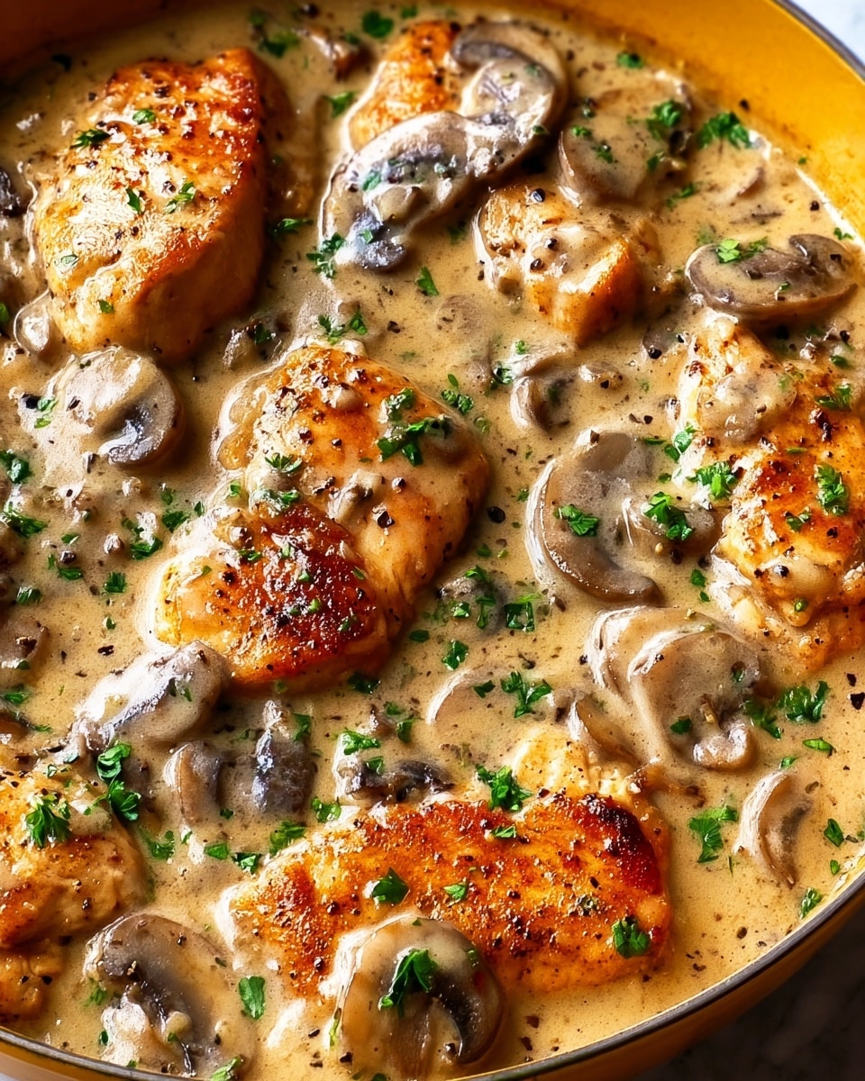 The image shows several pieces of golden brown, cooked chicken breasts with a slightly crispy texture on the outside, nestled in a thick, creamy sauce. Sliced mushrooms with a soft, greyish-brown color are spread evenly among the chicken pieces, soaking in the sauce. Tiny chopped green herbs, likely parsley, are sprinkled over the top, adding a fresh pop of color. The creamy sauce has a smooth, beige texture with visible black pepper specks. The dish is inside a yellow pan, placed on a white marbled surface. photo taken with an iphone --ar 4:5 --v 7