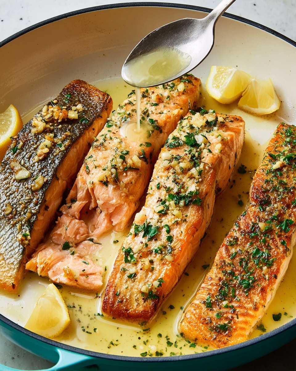 Four pieces of cooked salmon fillets are shown laying side by side in a white pan with a turquoise rim. The three fillets on the left have crispy golden-brown skin on top with small bits of chopped garlic and green herbs sprinkled over them. The fourth fillet on the right shows the pink-orange cooked flesh with green herb bits as well. A spoon held by a woman's hand is pouring a light yellow sauce over the fillets, and two lemon wedges rest in the sauce around the fish. The background is a white marbled texture. photo taken with an iphone --ar 4:5 --v 7