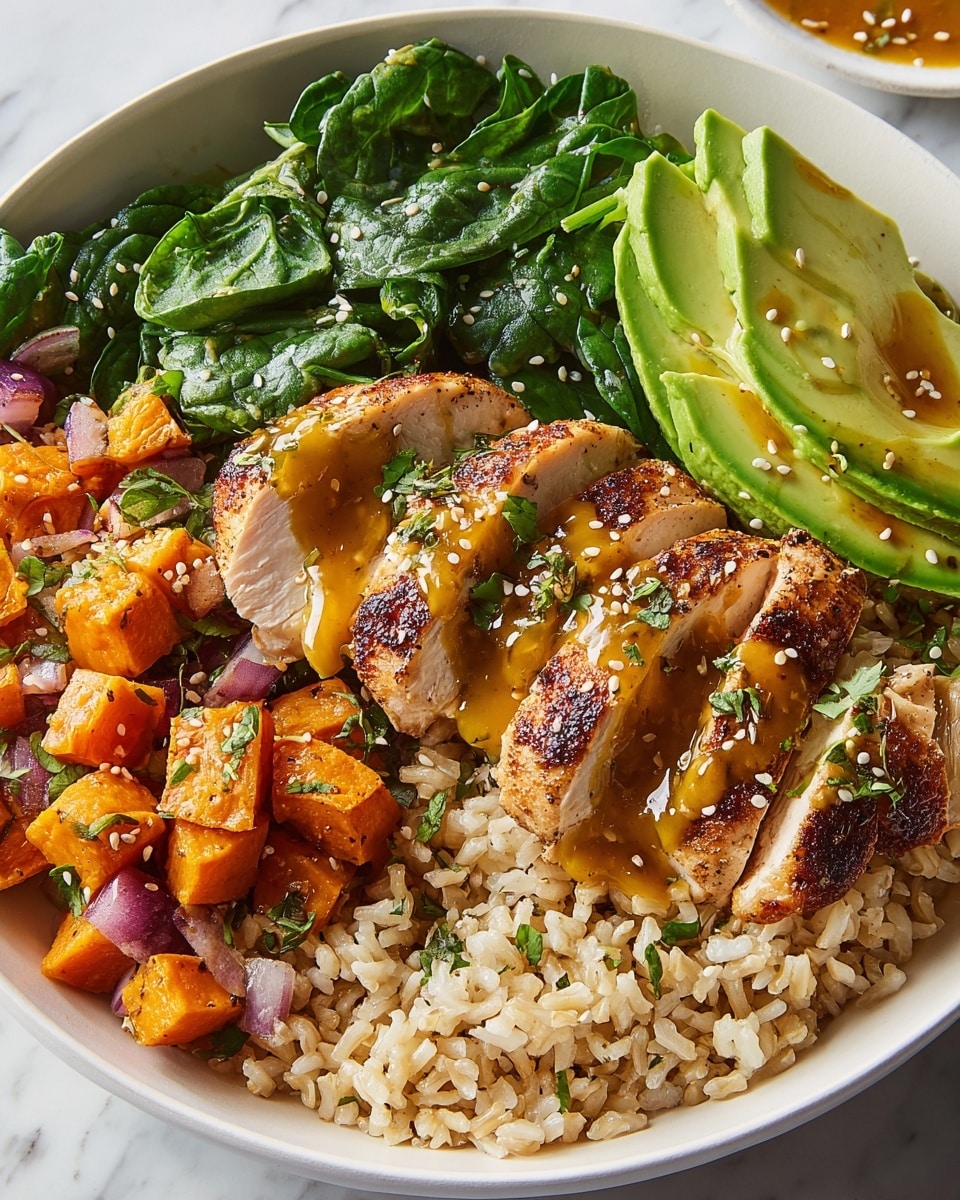 A white bowl holds four layers of food, starting with a base of light brown cooked rice at the bottom. On the left side, there is a pile of small orange sweet potato cubes mixed with bits of cooked red onion, both showing a slightly soft texture. In the middle right, there are four slices of grilled chicken breast with a brown crispy outside and white tender inside, drizzled with golden sauce and sprinkled with green chopped herbs and sesame seeds. Above the rice and chicken, fresh dark green spinach leaves cover part of the bowl, also topped with the golden sauce. On the top right, several thin slices of light green avocado fan out over the spinach. The bowl sits on a white marbled surface with a few drops of sauce nearby. Photo taken with an iphone --ar 4:5 --v 7