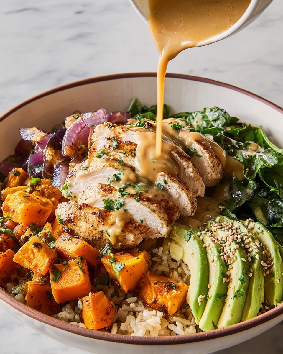 A white bowl with a brown rim holds a colorful dish arranged in four layers. The bottom layer is light brown rice, visible under the other ingredients. On top of the rice, sliced grilled chicken breast with a golden-brown crust is placed in the center, sprinkled with chopped green herbs. To the left, small chunks of bright orange roasted sweet potato mixed with purple shallots add warmth and texture. On the right side, fresh spinach leaves appear dark green and slightly wrinkled, while avocado slices with a creamy light green color are placed on top, sprinkled with sesame seeds and more chopped herbs. A light brown dressing is being poured over the dish from above, flowing in a smooth stream. The whole scene sits on a white marbled surface. photo taken with an iphone --ar 4:5 --v 7