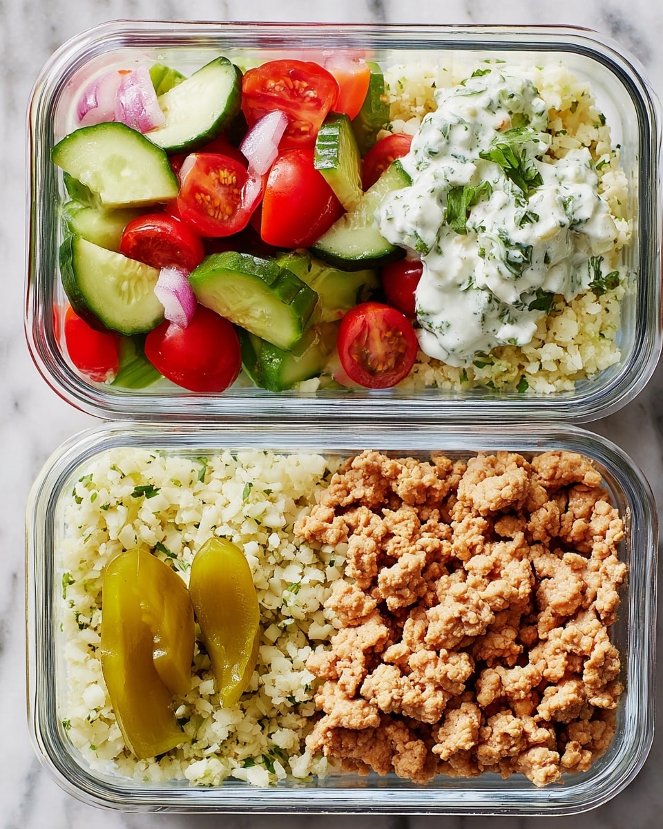 Two clear glass meal prep containers are shown on a white marbled texture. Each container is divided into two sections: the larger bottom section contains cooked, crumbled ground meat with a light brown color on the right side, and a pale yellow, finely chopped cauliflower rice on the left side topped with two greenish-yellow pepperoncini peppers near the meat. The smaller top section holds a fresh chopped salad made of bright red and green cucumber slices, along with diced onions and cherry tomatoes, topped with a dollop of creamy white yogurt sauce mixed with green herbs. The photo taken with an iphone --ar 4:5 --v 7