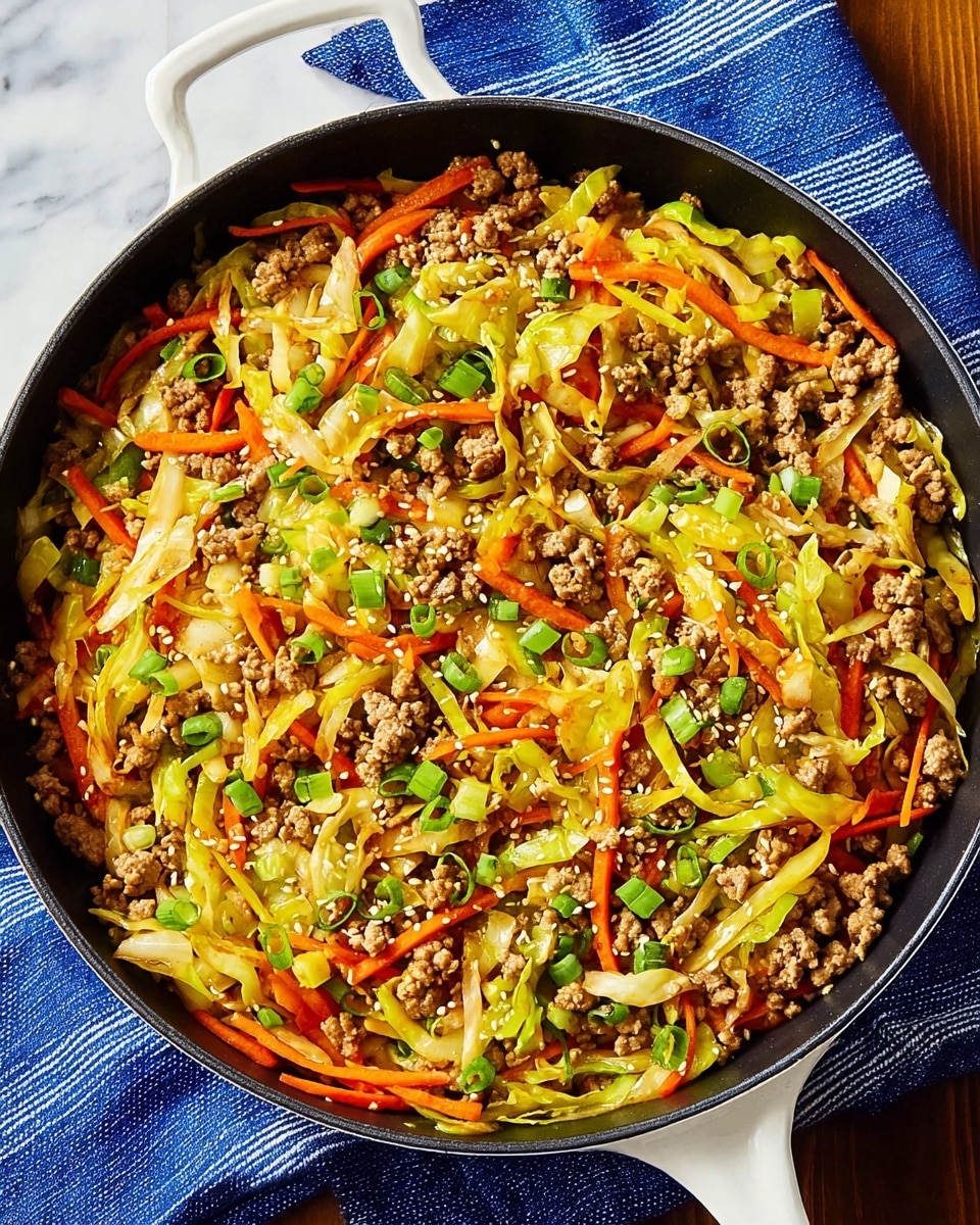A close-up top view of a skillet filled with a colorful mix of cooked ground meat, thin strips of yellow and light green cabbage, and orange carrot shreds. The ingredients are mixed evenly, showing small green onion slices and white sesame seeds sprinkled on top, adding texture and visual interest. The skillet is black with a white handle, placed on a white marbled surface with a blue-striped cloth nearby, enhancing the brightness of the dish. photo taken with an iphone --ar 4:5 --v 7