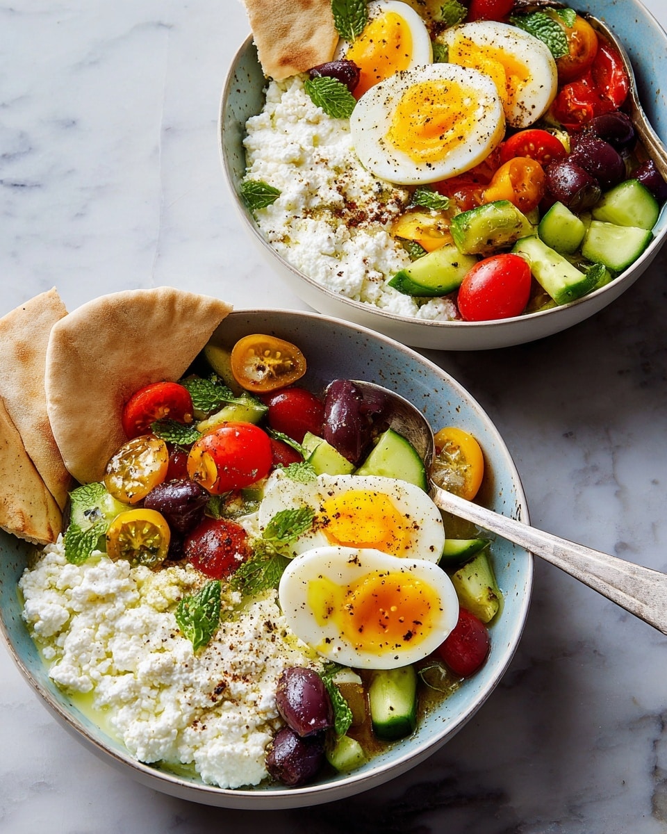 The image shows two white bowls filled with a colorful salad dish, placed on a white marbled surface. Each bowl contains three main layers: a base of white, soft cottage cheese on one side with a slightly grainy texture; a middle layer of mixed vegetables including halved red and yellow cherry tomatoes, green cucumber chunks, green herbs, and dark purple olives, all scattered on the other side; and two sliced boiled eggs with bright yellow yolks and sprinkled black pepper, positioned on top near the vegetable layer. One bowl includes two pieces of light brown pita bread placed upright on the edge. A silver spoon rests inside one bowl. The overall look is fresh, vibrant, and inviting. Photo taken with an iphone --ar 4:5 --v 7