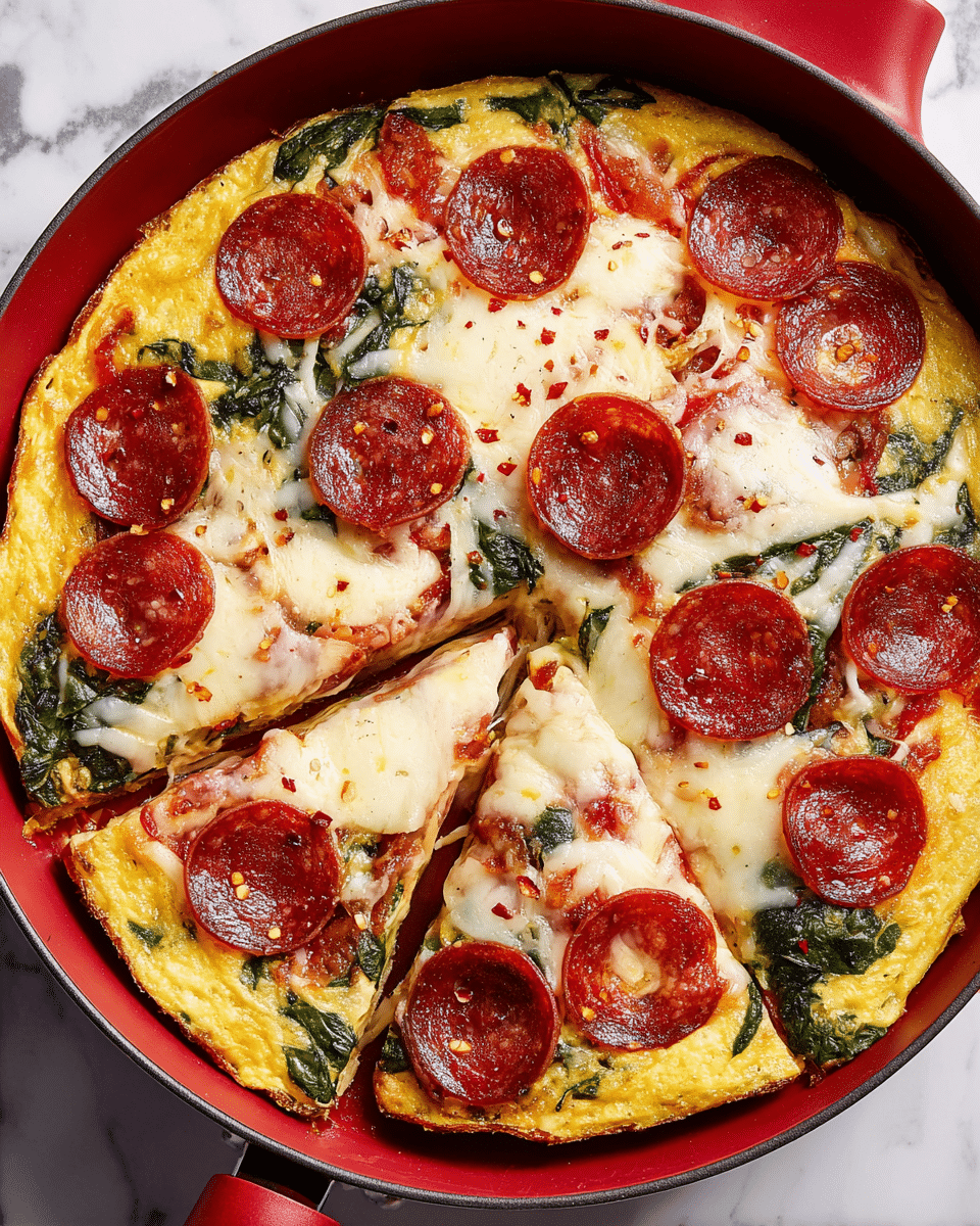 A pizza with six slices is shown in a red pan placed on a white marbled surface. The base layer is a thick, yellow egg crust with visible green spinach leaves baked inside. On top of this is a bright red tomato sauce spread unevenly. The cheese layer is melted mozzarella, white with slight browning in some areas, covering most of the pizza. Many round red pepperoni slices with a slightly crispy edge are scattered evenly on top. One slice is being lifted gently with a spatula, showing the soft texture and layers clearly. Small red chili flakes are sprinkled over the whole pizza. Photo taken with an iphone --ar 4:5 --v 7