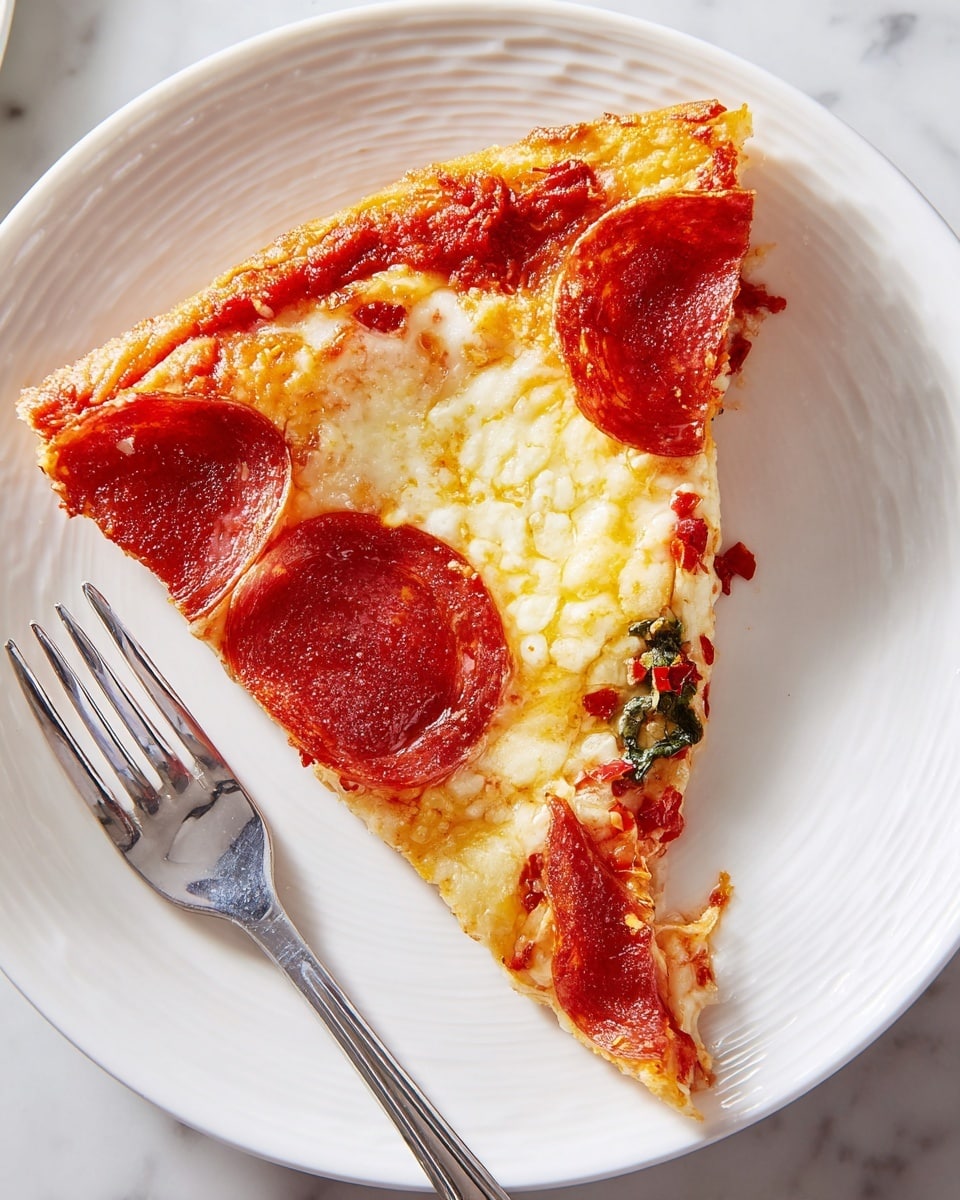 A single slice of pepperoni pizza sits on a white plate with a subtle textured pattern, on a white marbled surface. The slice has three visible layers: a thin golden-brown crust at the bottom, a layer of bright red tomato sauce dotted with crushed chili flakes, and a top layer of melted creamy white cheese with two large round, slightly curled pepperoni slices that show a glossy finish and a bit of melted cheese pooling on them. There is a silver fork placed diagonally near the left side of the plate. Photo taken with an iphone --ar 4:5 --v 7