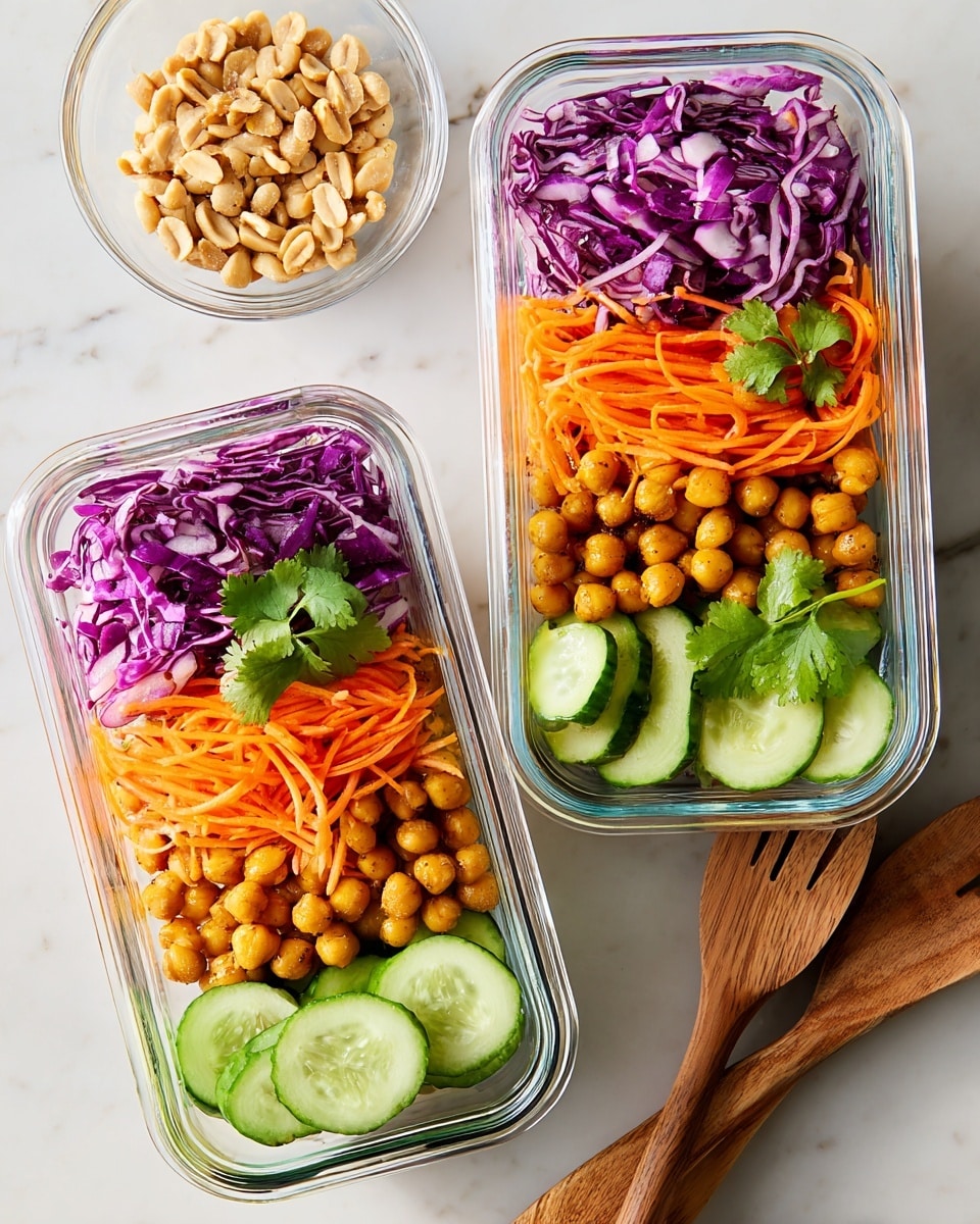 Two clear glass containers sit on a white marbled surface, each filled with four distinct layers of food arranged side by side. Starting from one side, there is a layer of shredded purple cabbage with a few green cilantro leaves on top, followed by thin orange shredded carrots. Next to the carrots, there is a generous layer of round, golden-brown chickpeas, and finally a row of fresh green cucumber slices with visible seeds. To the left of the containers, a small clear bowl holds salted peanuts. Wooden salad utensils are placed on the right side of the image. Photo taken with an iphone --ar 4:5 --v 7