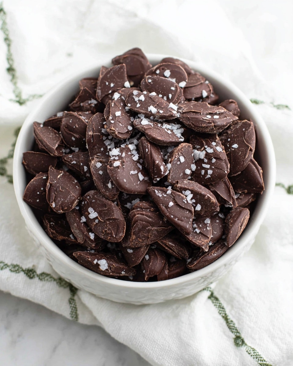 A white bowl is filled with many dark brown chocolate pieces, each having a shiny, smooth texture and some ridges. These chocolate pieces are sprinkled with large, white salt flakes, scattered unevenly over the top. The bowl sits on a white marbled surface, next to a white cloth with a small green cross pattern. The chocolate pieces fill the bowl fully, creating a mound in the center. The photo taken with an iphone --ar 4:5 --v 7