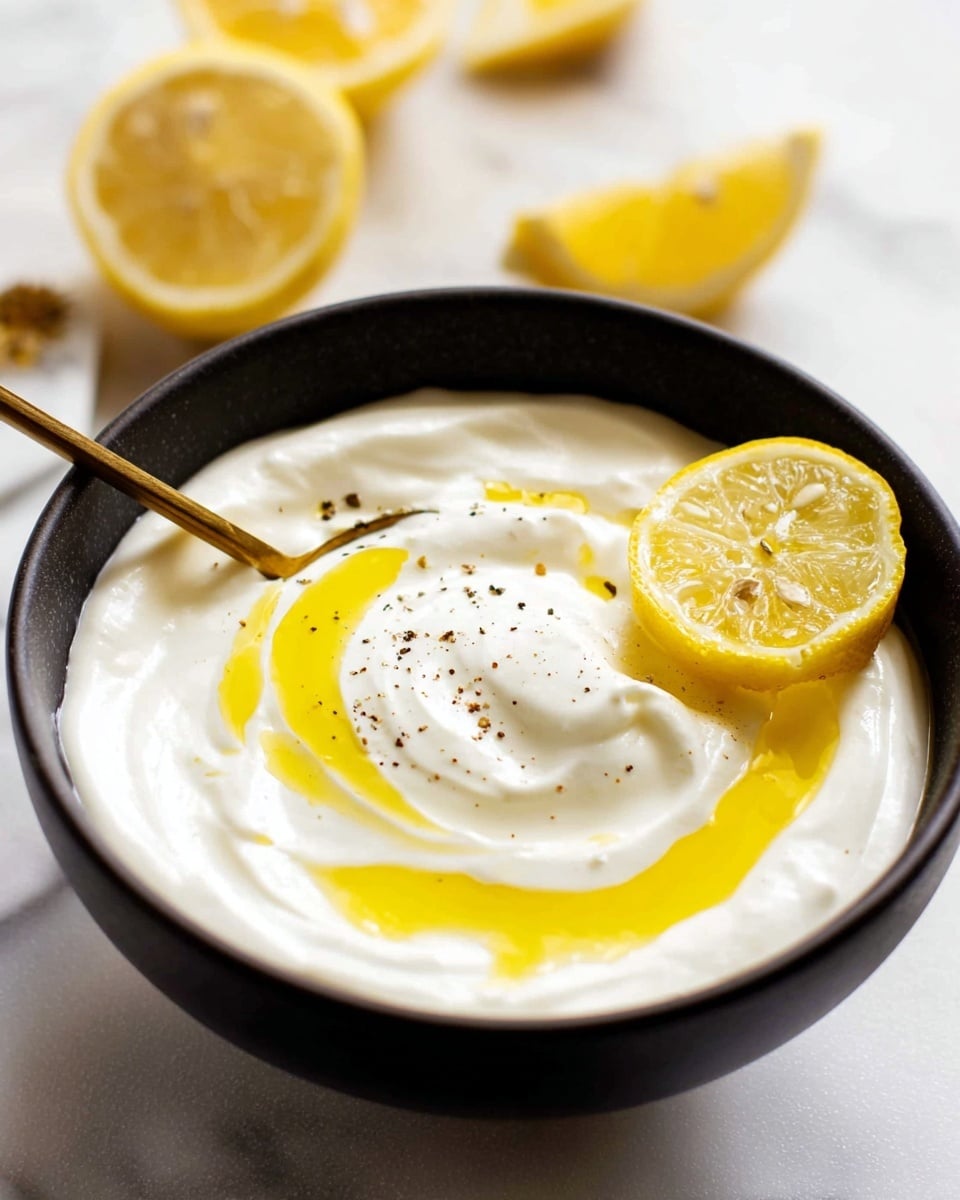 A dark bowl filled with a thick, creamy white yogurt base topped with a bright yellow drizzle of olive oil creating a smooth swirl pattern. One lemon wedge with visible seeds rests on one side of the yogurt surface, and a few specks of black pepper sprinkle softly over the top. A golden spoon is partially dipped into the yogurt on the left side. In the background, there are blurred lemon wedges and a halved lemon placed on a white marbled surface. Photo taken with an iphone --ar 4:5 --v 7