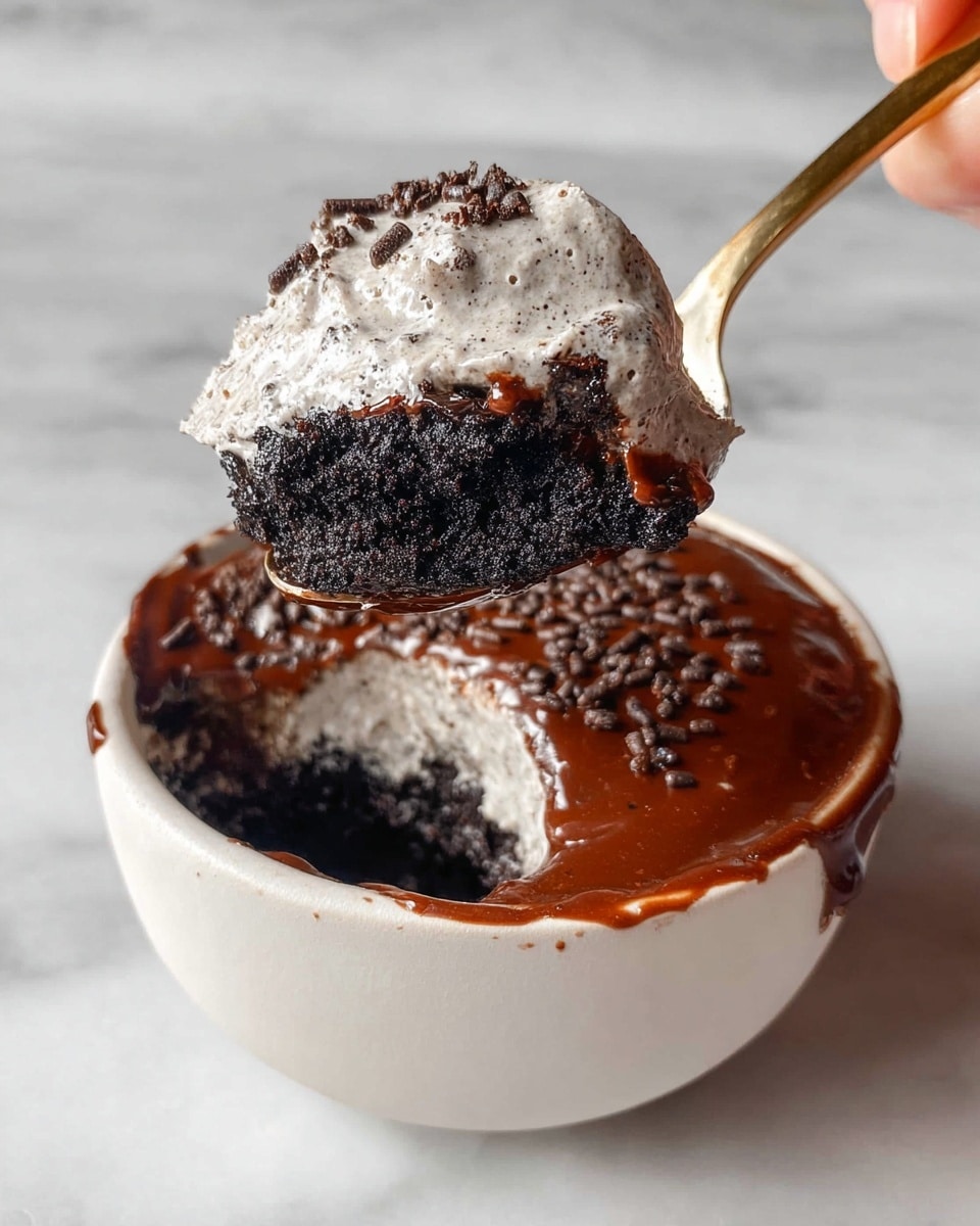 The image shows a close-up of a dessert in a white cup, where a spoon is lifted showing a two-layer scoop. The bottom layer is dark, rich, and crumbly like moist chocolate cake, while the top layer is a creamy, light grayish-white with tiny dark specks, resembling cookies and cream mousse. Inside the cup, there is a third visible layer of shiny, smooth dark chocolate sauce sprinkled with small chocolate sprinkles, covering the middle layer. The cup sits on a white marbled surface, and the spoon has a golden handle held by a woman's hand. photo taken with an iphone --ar 4:5 --v 7