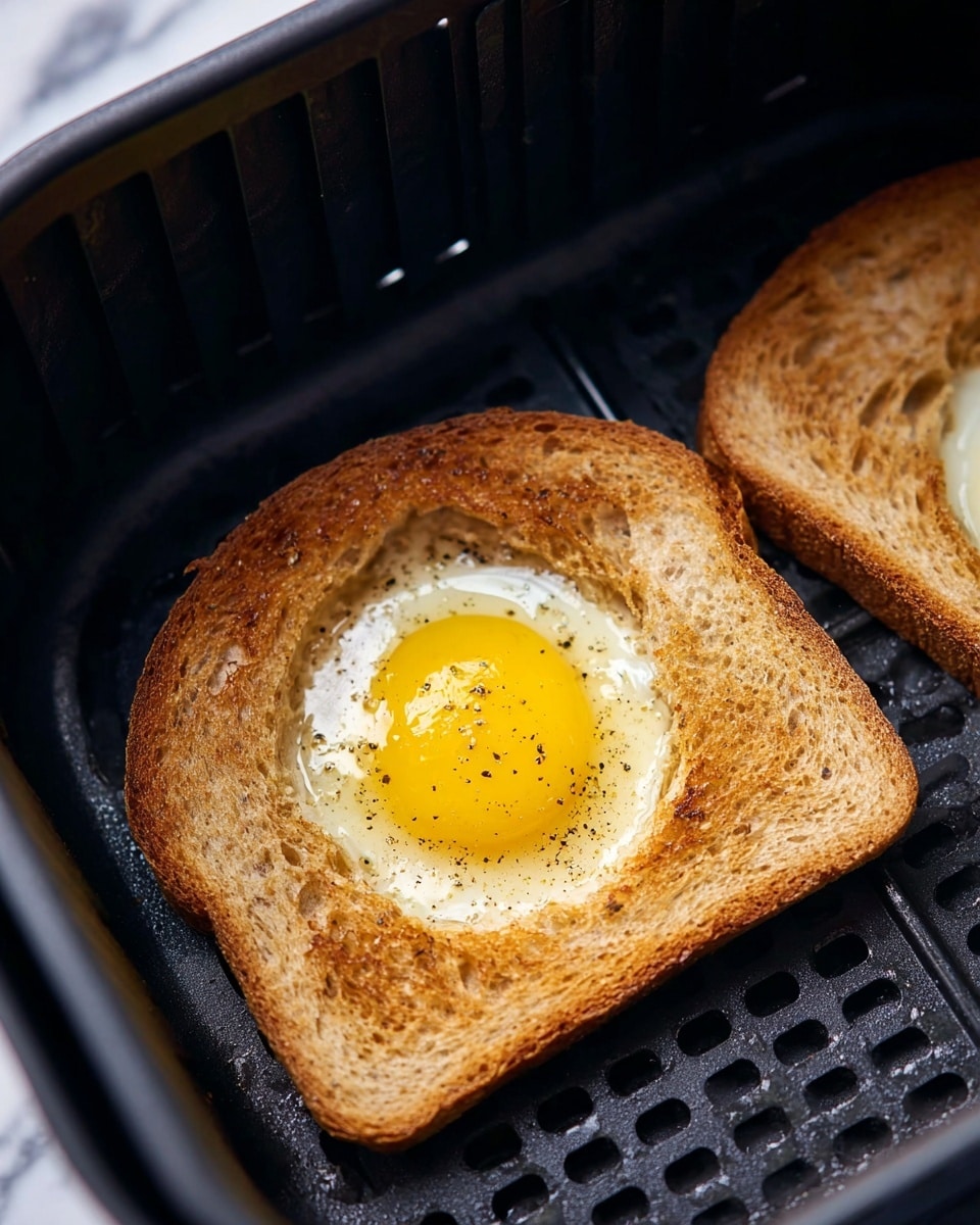 The image shows two slices of brown bread inside a black air fryer basket with holes. One slice has a whole raw egg cracked in the center, with a bright yellow yolk sitting on top of the clear egg white. The egg white spreads out evenly within the hole of the bread but still rests directly on the bread surface. Small black pepper specks are scattered on the yolk and egg white. The texture of the bread appears soft with a slight crust on the edges. The scene's background is replaced by a white marbled texture. photo taken with an iphone --ar 4:5 --v 7