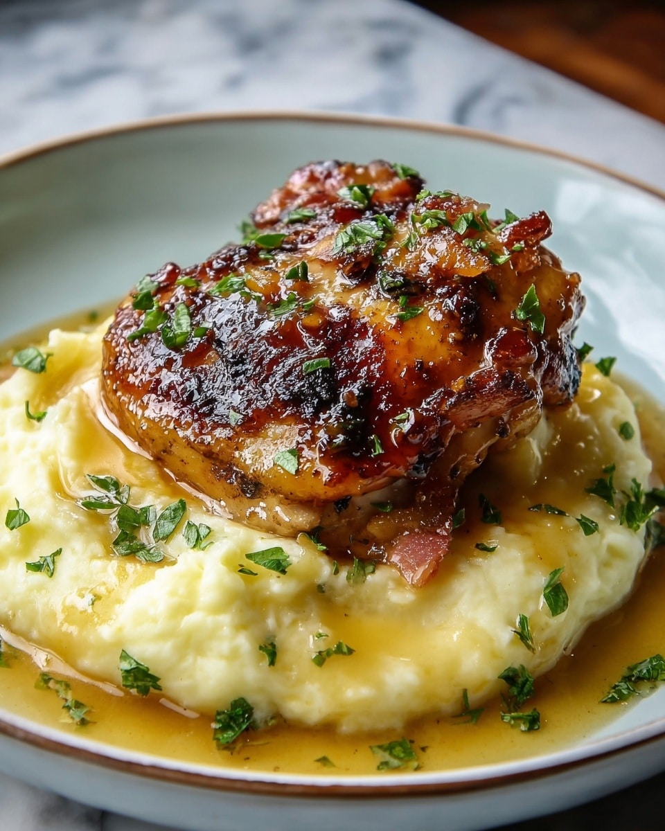 A dish with two layers on a white plate with a rustic blue-green inside. The bottom layer is a thick, creamy mashed potato that is pale yellow and slightly textured, spread evenly across the plate. Sitting on top is a golden-brown, juicy grilled chicken thigh with charred edges and a shiny glaze that reflects light. The chicken is garnished with small green herb pieces scattered on top and around the plate. A drizzle of rich brown gravy surrounds the chicken and flows onto the mashed potatoes, adding gloss and depth. The plate is set on a white marbled surface. photo taken with an iphone --ar 4:5 --v 7