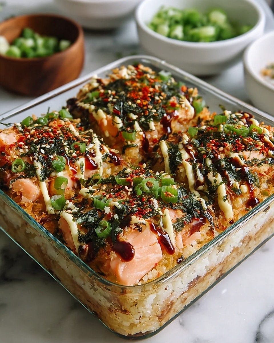 The image shows a clear square glass dish with three visible layers. The bottom layer is crispy golden rice forming a firm base. The middle layer has pieces of cooked pink salmon evenly spread. The top layer is decorated with dark green seaweed flakes, bright green chopped scallions, small white sesame seeds, and two sauces drizzled in zigzag lines – one creamy pale yellow and the other dark brown with a shiny texture, all on a white marbled surface. Photo taken with an iphone --ar 4:5 --v 7