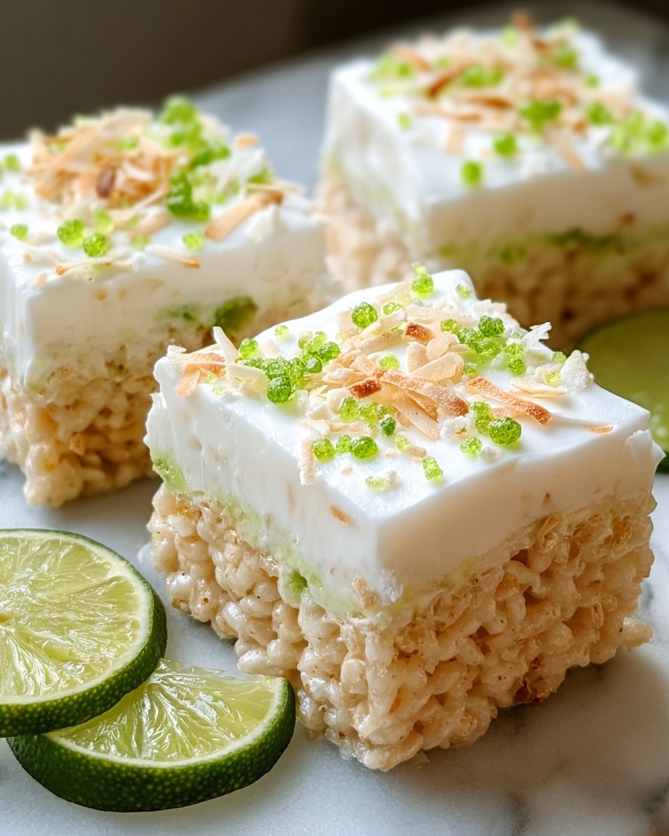The image shows three square treats made with crispy rice and a cream topping, each with two visible layers. The bottom layer consists of light golden crispy rice with a slightly glossy texture mixed with bits of pale green, giving a fresh look. On top of that is a thick smooth white cream layer, topped with small green and beige crunchy bits evenly scattered across the surface. The treats are placed on a white marbled surface with lime wedges in the background, adding a pop of green. photo taken with an iphone --ar 4:5 --v 7