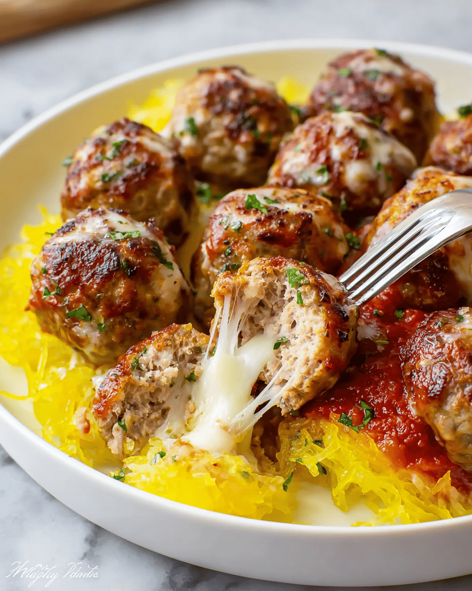 A white plate holds many round meatballs with a crispy brown outside, scattered with small green herb bits. One meatball in the front is cut open by a silver fork, revealing melted white cheese stretching out. The meatballs are on a bed of bright yellow spaghetti squash strands, and some meatballs have a spread of red tomato sauce. The surface beneath the plate is a white marbled texture. photo taken with an iphone --ar 4:5 --v 7