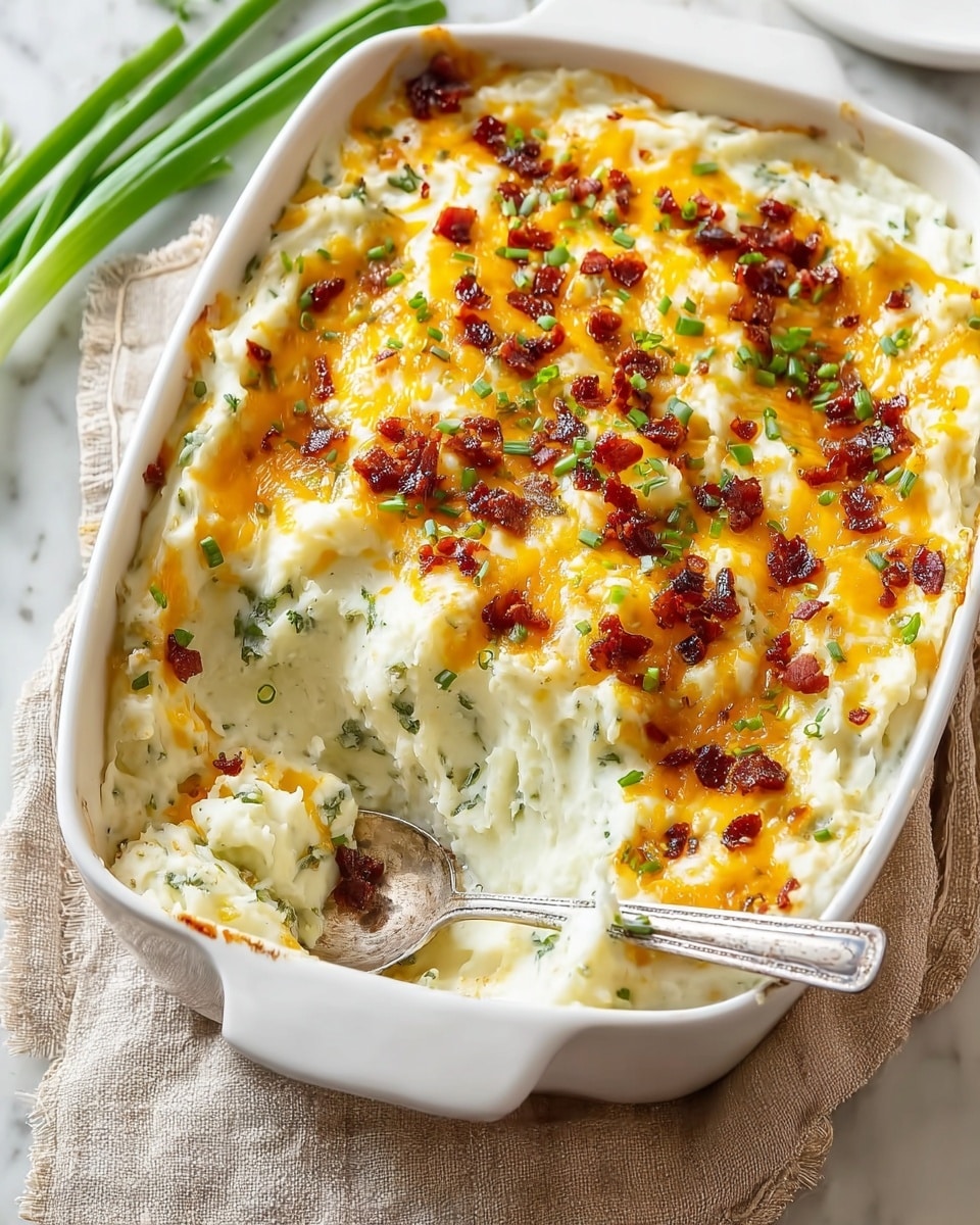 A white baking dish filled with a creamy mashed potato casserole, showing a thick top layer of melted golden cheddar cheese scattered unevenly with small crispy dark brown bacon bits and bright green chopped scallions. The mashed potato base underneath looks soft and fluffy with bits of herbs mixed in, partially scooped out on one side revealing the inside texture. A vintage silver spoon rests inside the dish, slightly embedded in the mashed pototoes. The dish is set on a beige cloth over a white marbled surface with some green scallions in the background. photo taken with an iphone --ar 4:5 --v 7