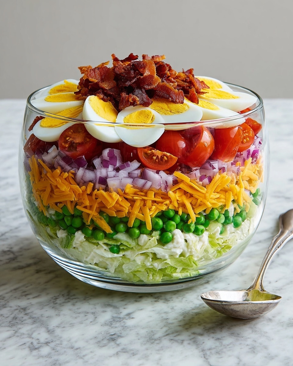 A clear glass bowl shows seven colorful layers of food on a white marbled surface. The bottom layer is light green shredded lettuce with a soft texture. Above it is a layer of bright green peas, small and round, followed by finely chopped red onions with a purple color and slightly sharp texture. On top of this sits a layer of halved bright red cherry tomatoes, smooth and shiny. Above the tomatoes, there are pieces of halved boiled eggs with bright yellow yolks and white edges. Next is a smooth, white creamy layer spread evenly. The second to last layer is shredded orange cheddar cheese, and the top layer is crispy dark brown bacon bits. A spoon is placed on the side of the bowl. Photo taken with an iphone --ar 4:5 --v 7