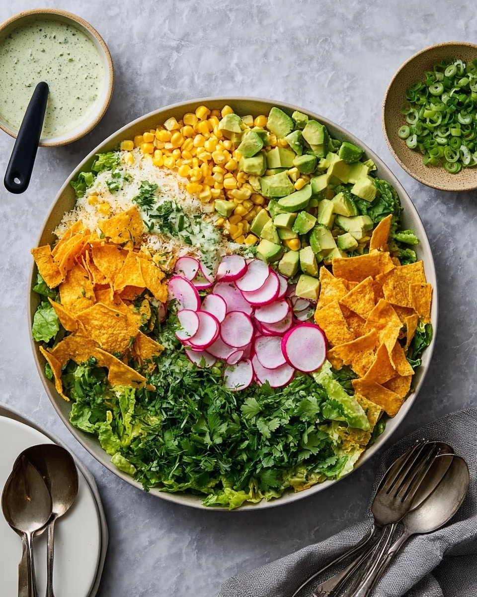 A large bowl with layers of fresh salad arranged in rows on a white marbled surface. The bottom layer shows chopped leafy lettuce and green cilantro on the right side. Above the greens are crushed orange tortilla chips. Next to the chips are thinly sliced round radish pieces with white centers and pink edges. Above the radishes are small cubes of green avocado. To the left of the avocado is a layer of yellow corn kernels, followed by chopped green onions. The top left corner is covered with light beige grated cheese. A small bowl of creamy white dressing with herbs and a black spoon sits on the upper left side, while two white plates and silver serving spoons rest on the bottom left and right corners. The photo is taken with an iphone --ar 4:5 --v 7