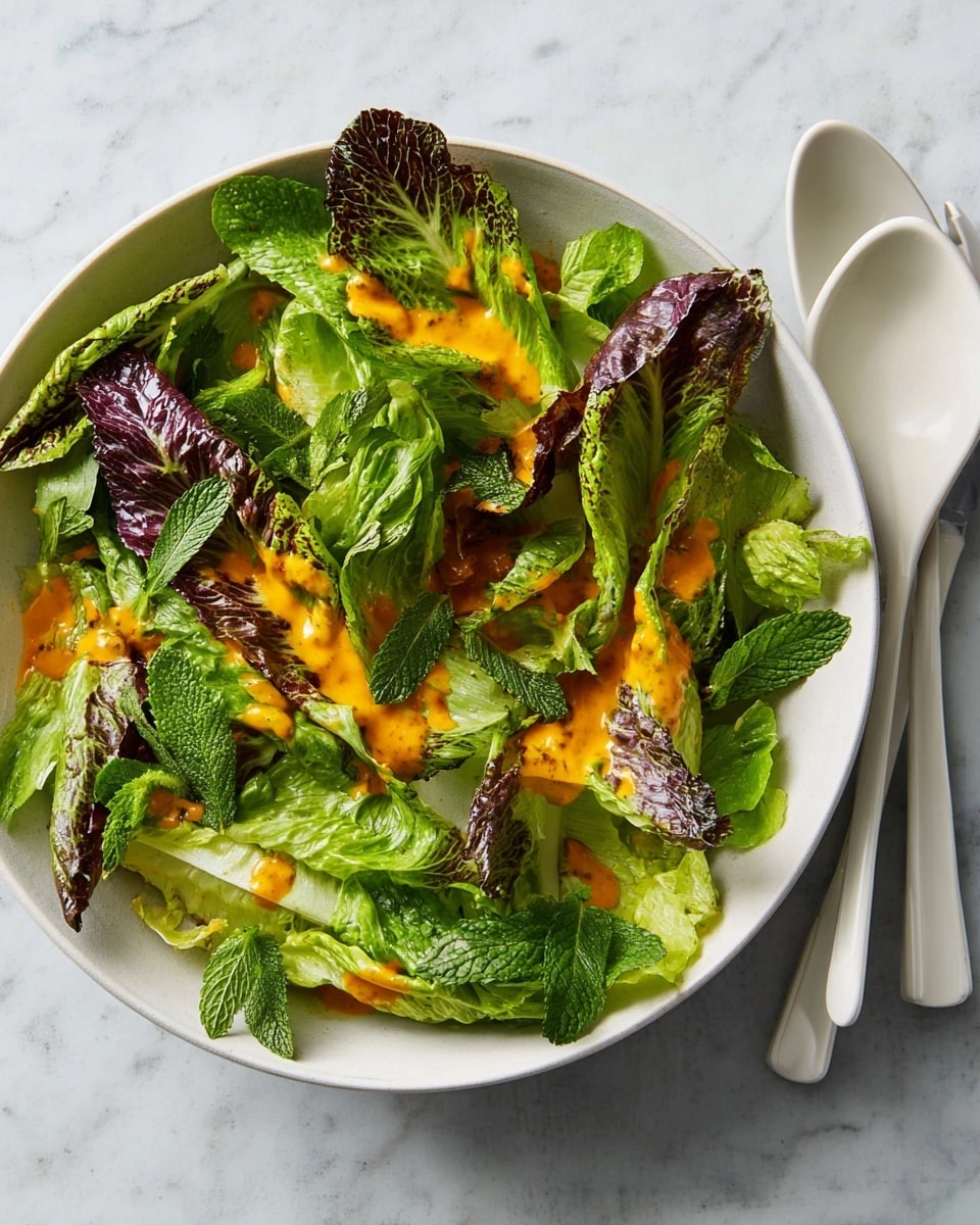 A white bowl filled with fresh green lettuce leaves, some of which have a purple tint on the edges, layered with bright green mint leaves scattered throughout. Bright orange dressing is drizzled unevenly over the top, creating a colorful contrast against the greens. To the right of the bowl, a pair of white salad servers rest on a white marbled surface. photo taken with an iphone --ar 4:5 --v 7