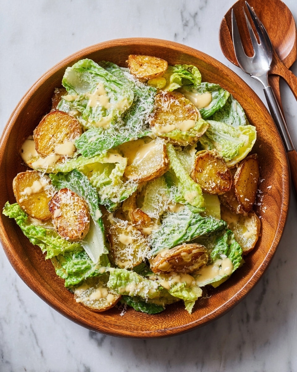 A close-up top view of a salad in a round wooden bowl shows several layers: the bottom layer is crispy roast potato slices colored golden brown with a slightly crunchy texture, then fresh green romaine lettuce leaves are placed above these, some leaves topped with creamy light yellow dressing that looks smooth and slightly thick, sprinkled lightly with fine white grated cheese. The bowl is set on a white marbled surface with a pair of metal and wood salad tongs placed to the right side photo taken with an iphone --ar 4:5 --v 7