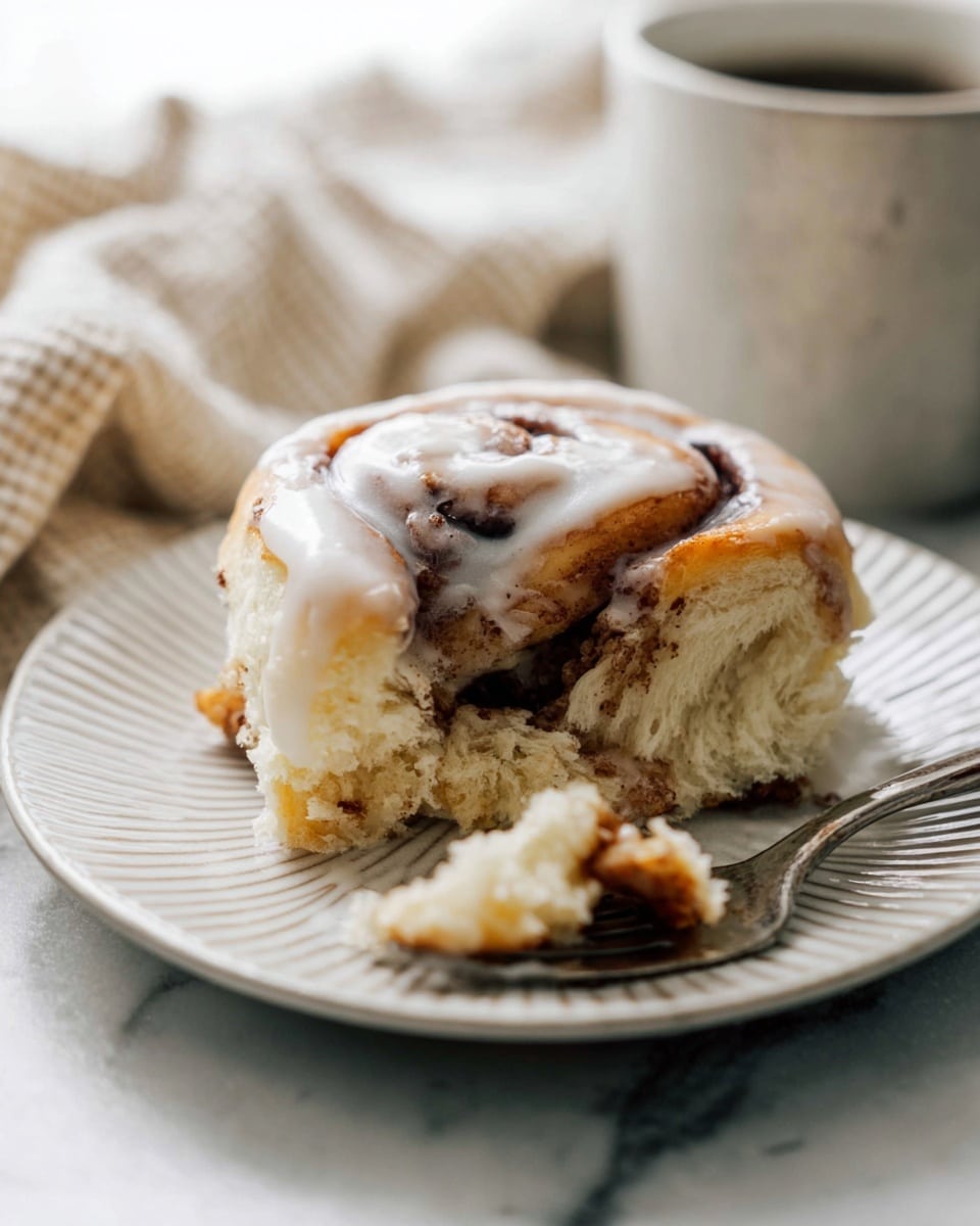 A close-up of a soft cinnamon roll on a white plate with ridged edges, showing about three main layers: a light golden outer dough, a darker cinnamon sugar swirl inside, and a glossy white icing dripping over the top and slightly melting into the dough. The cinnamon roll is partially eaten, with a piece resting on a metal fork at the front of the plate. In the background, there is a blurred white cup and a cream checkered cloth, all placed on a white marbled surface. Photo taken with an iphone --ar 4:5 --v 7