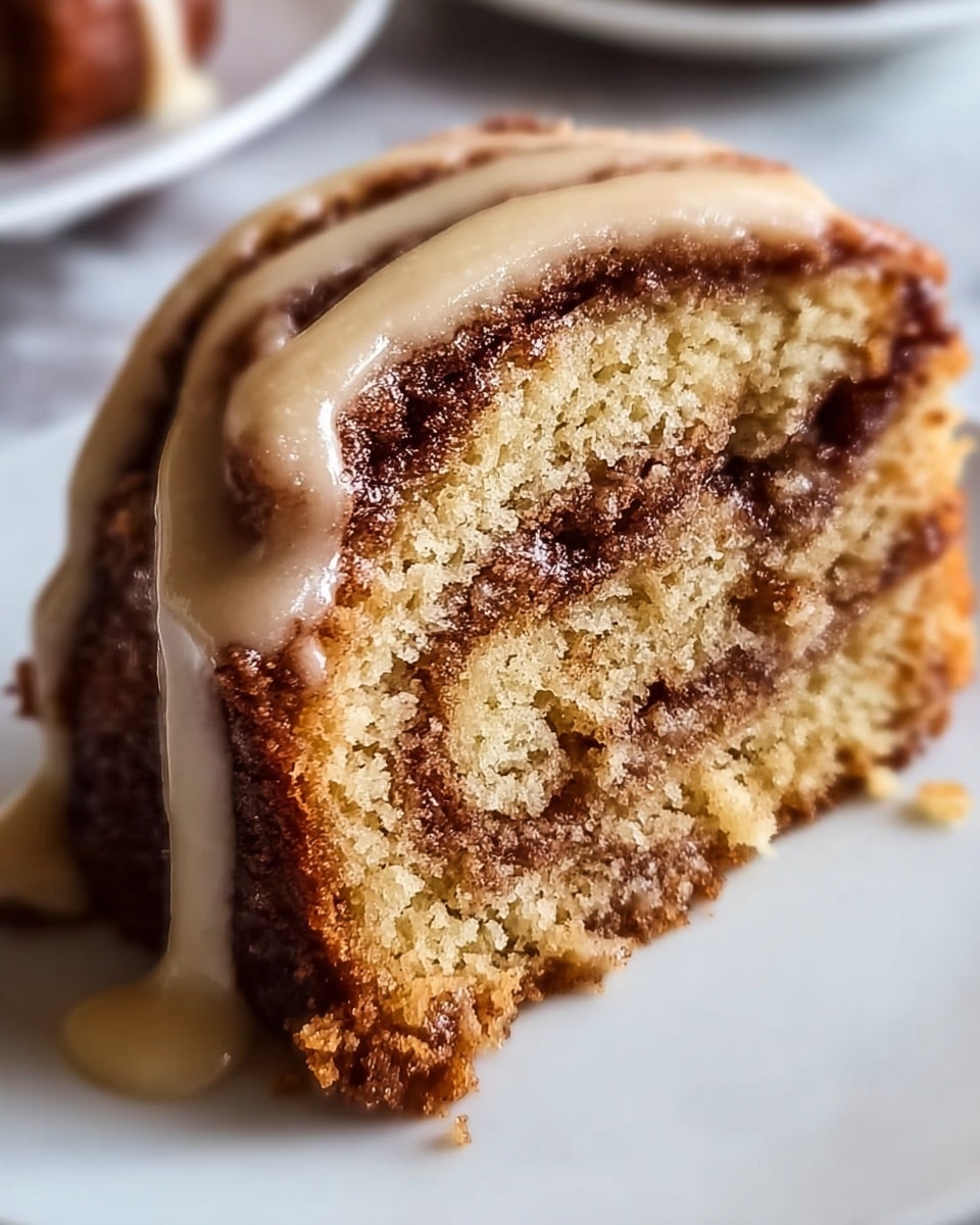 A close-up view of a thick slice of cinnamon swirl cake resting on a white plate. The cake has multiple layers, starting with a golden-brown crust on the outside, followed by a soft beige cake layer with visible sugar crumbs, and a dark brown cinnamon swirl running through the middle. On top, there is a smooth, creamy light beige glaze drizzled in thick lines across the ridged surface of the cake. The background is a white marbled texture. Photo taken with an iphone --ar 4:5 --v 7