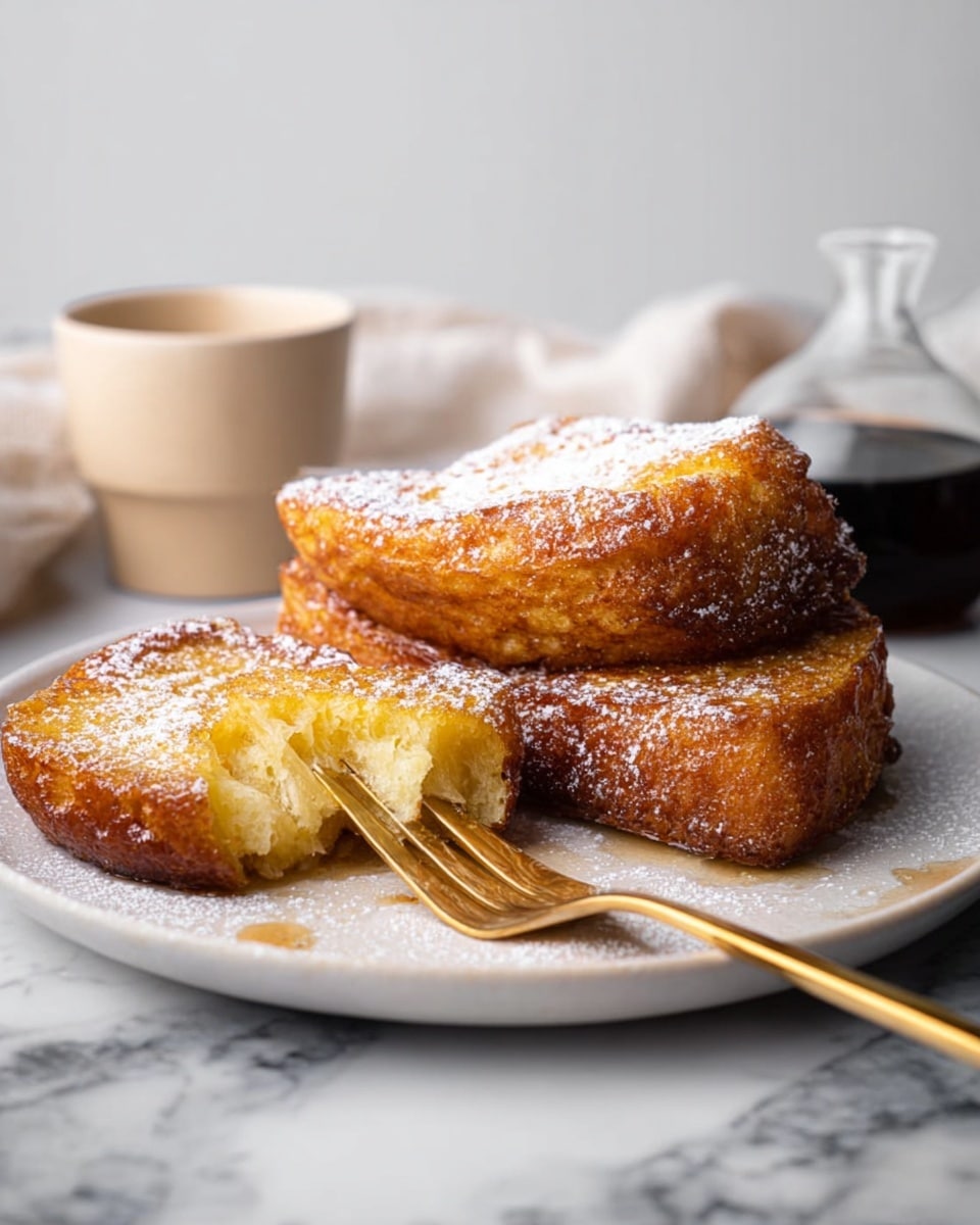 A white plate holds two thick pieces of golden-brown fried bread with a shiny, slightly crispy surface that looks soft inside. One piece is stacked on the other, coated lightly with powdered sugar. In front of the plate, a golden fork holds a bitten piece of the fried bread showing a soft, light-yellow inside. The plate is on a white marbled surface with a pale cup and a dark small jug for syrup blurred in the background. Photo taken with an iphone --ar 4:5 --v 7