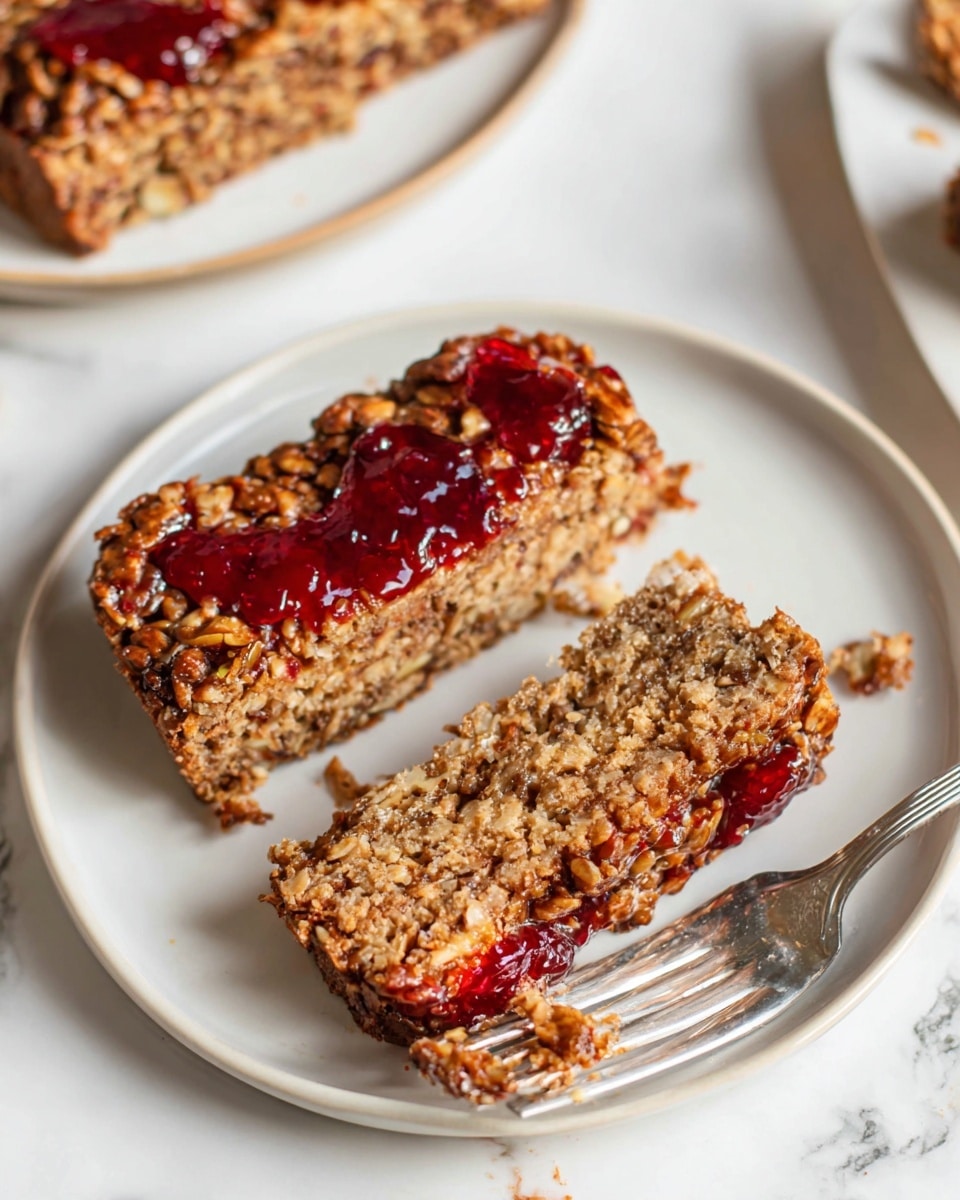 A loaf of meatloaf is sliced into three thick pieces, resting on a wooden cutting board over a white marbled surface. The meatloaf has two main layers: a thick, shiny, deep red glaze layer on top with a slightly sticky texture, and a dense, textured bottom layer filled with small chunks of onions and other ingredients that create a rough, uneven brown surface. The glaze layer appears moist and glossy, contrasting with the more matte and crumbly meat layer underneath, with a few areas near the edges showing the glaze dripping slightly. A white cloth is partially visible under the cutting board. Photo taken with an iphone --ar 4:5 --v 7