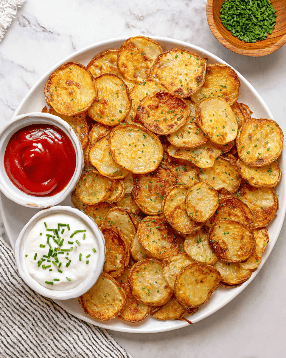 A white round plate is filled with a single layer of golden brown, crispy potato slices arranged neatly, each slice showing a lightly browned edge and some sprinkled with small green herb bits. On the left side of the plate, there are two small white bowls, one with bright red ketchup and the other with creamy white sour cream topped with chopped green chives. In the top right corner, a small wooden bowl holds chopped green herbs. The entire setting is on a white marbled surface, and part of a striped cloth is visible at the bottom left. photo taken with an iphone --ar 4:5 --v 7