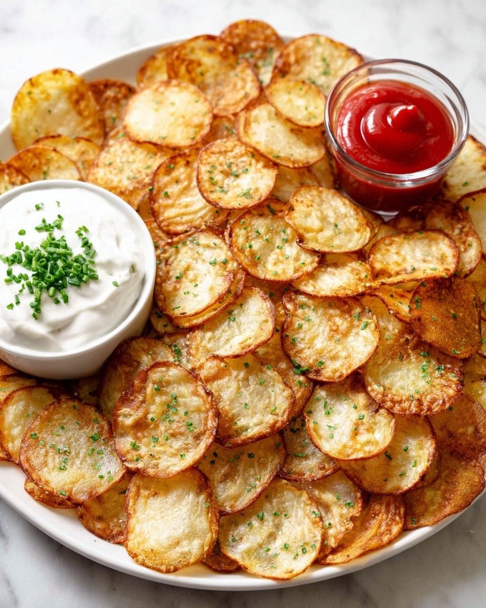 A large white plate on a white marbled surface is filled with many thin, round, golden-brown potato chips arranged in overlapping circular layers that cover most of the plate. On one side, a white small bowl contains white creamy sour cream topped with bright green chopped chives. Behind it, a small clear glass cup holds bright red ketchup, adding a pop of color. The potato chips have a crispy texture with some visible green herb flecks on them. photo taken with an iphone --ar 4:5 --v 7