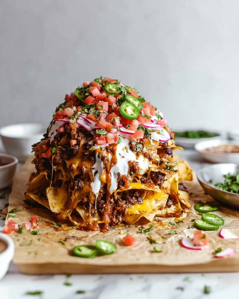 A tall stack of nachos starts with a base of yellow corn tortilla chips piled high with melted brownish-orange cheese and dark cooked beans. Layers of white sour cream and reddish-brown sauce drizzle over the chips, creating a messy, melted texture. On top, there are vibrant diced red tomatoes, thin pink pickled onions, and bright green jalapeno slices, all sprinkled with chopped green herbs. The entire dish sits on a piece of light brown parchment paper over a white marbled surface, with extra jalapeno slices and chopped herbs scattered around. In the blurry background, there are white bowls with sauces. photo taken with an iphone --ar 4:5 --v 7