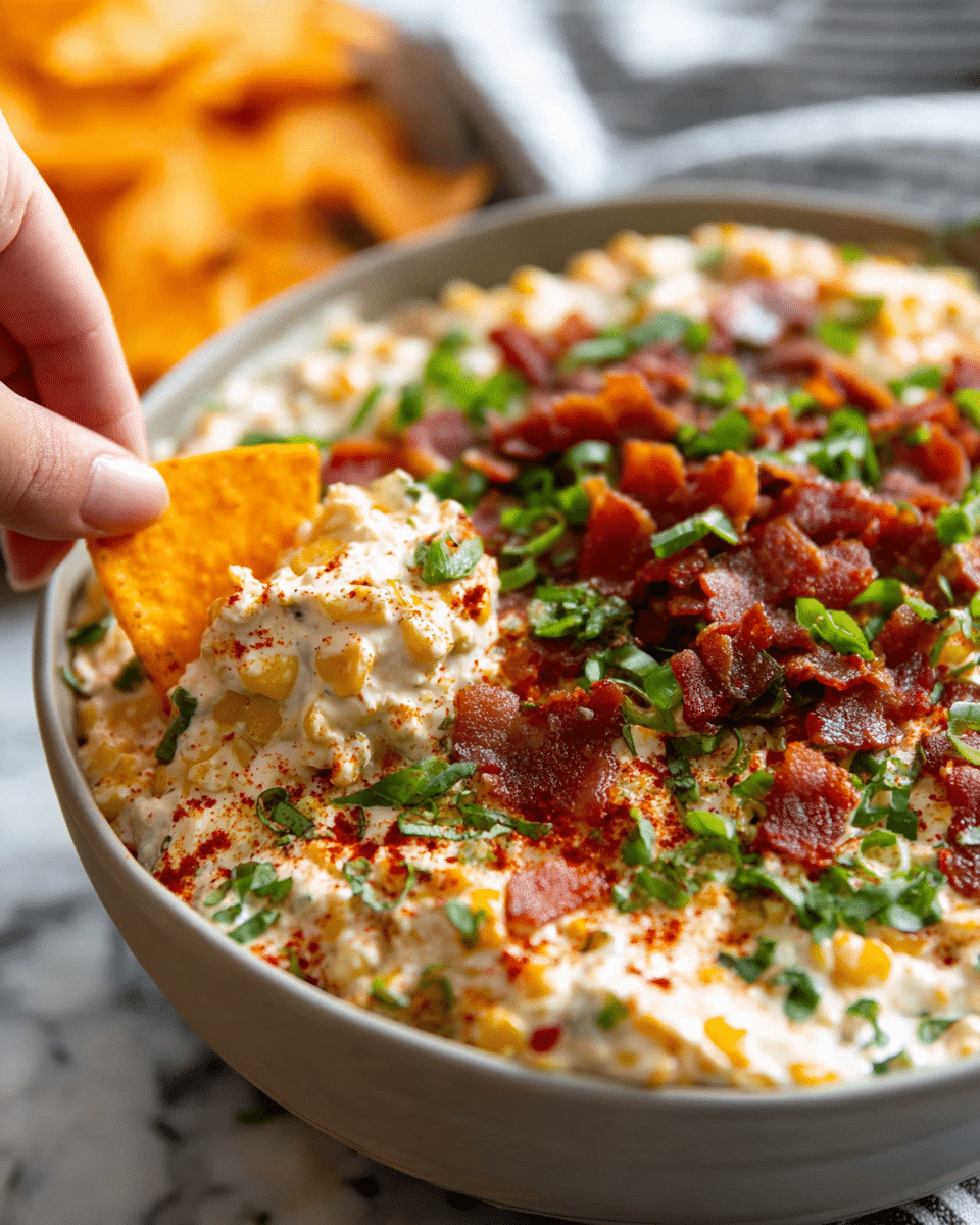 A close-up image of a creamy dip layered in a white bowl, showing a thick base mixed with yellow corn kernels and creamy white sauce around the edges, topped with a middle layer of crispy red bacon pieces and green chopped scallions, sprinkled with red paprika and fresh green herbs. A woman's hand is dipping an orange chip into the creamy part on the left side. The bowl is set on a white marbled surface with a blurred background. photo taken with an iphone --ar 4:5 --v 7