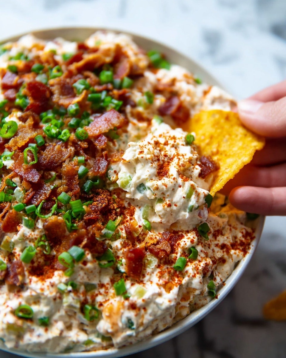 A close-up image shows a white bowl full of creamy layered dip. The bottom layer is a thick mixture of pale cream cheese combined with small chunks of green and red vegetables. On top, there is a generous sprinkle of crispy brown bacon bits and bright green chopped scallions spread evenly. A light dusting of reddish paprika spice adds color over the dip. A woman's hand holds a yellow chip scooping up the dip from the bowl. The bowl sits on a surface with a white marbled texture. photo taken with an iphone --ar 4:5 --v 7