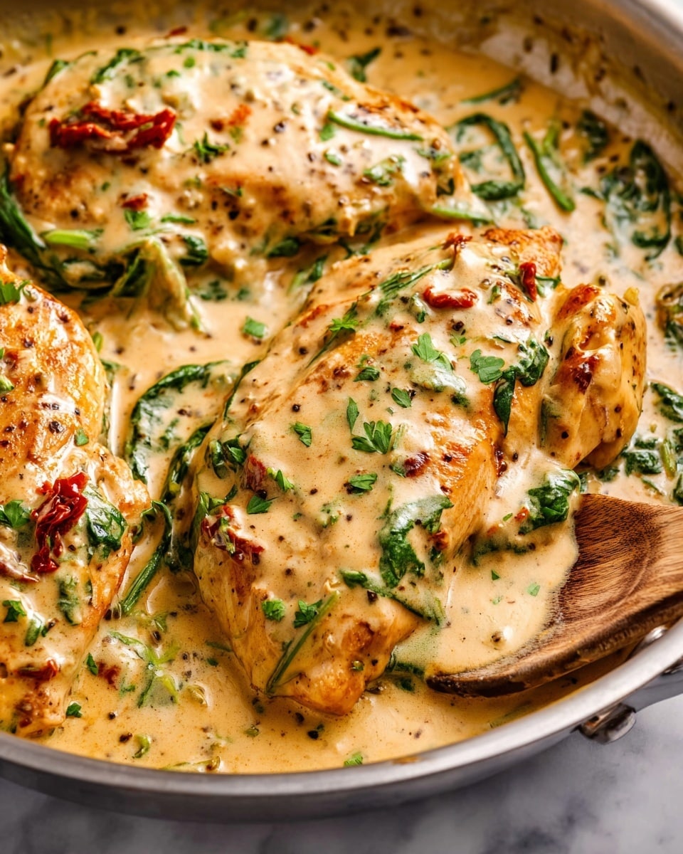 This close-up image shows a dish with three pieces of light golden-brown chicken breasts covered in a thick creamy sauce. The sauce is creamy beige with specks of black pepper and is studded with bright green spinach leaves and small pieces of sun-dried tomatoes, adding red and green color contrasts. Fresh parsley leaves are scattered on top, giving a fresh green touch. A smooth wooden spoon is scooping some sauce, showing the creamy texture clearly. The dish is in a silver pan placed on a white marbled surface. photo taken with an iphone --ar 4:5 --v 7