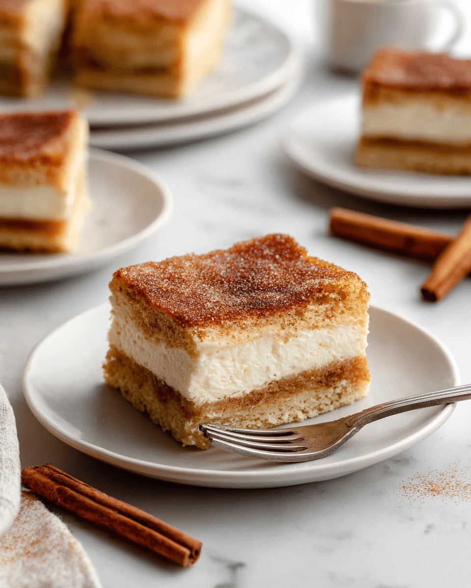 A square slice of cake with three layers sits on a white plate over a white marbled surface. The bottom layer is a light brown crust, the middle layer is creamy white and smooth, and the top layer is golden brown with a slightly rough, sugary texture sprinkled evenly. A piece of cake is held on a fork in the foreground, showing all three layers clearly. In the background, there are other white plates with similar square slices and two cinnamon sticks lying on the surface. photo taken with an iphone --ar 4:5 --v 7