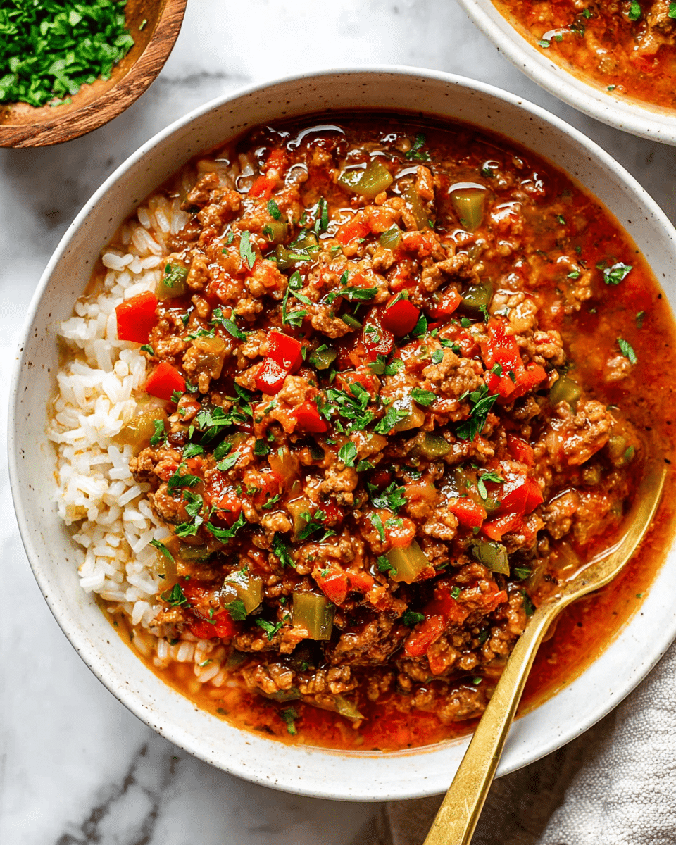 A white bowl filled with a thick stew made of three main layers: a base of reddish tomato broth, a middle layer of cooked white rice grains, and a top layer of ground cooked meat mixed with red and green diced bell peppers, onions, and sprinkled chopped green herbs. The stew looks rich and chunky with vibrant colors, and there is a golden spoon resting inside the bowl. The bowl is placed on a white marbled surface with part of a wooden bowl filled with chopped green herbs visible in the upper left corner. Photo taken with an iphone --ar 4:5 --v 7