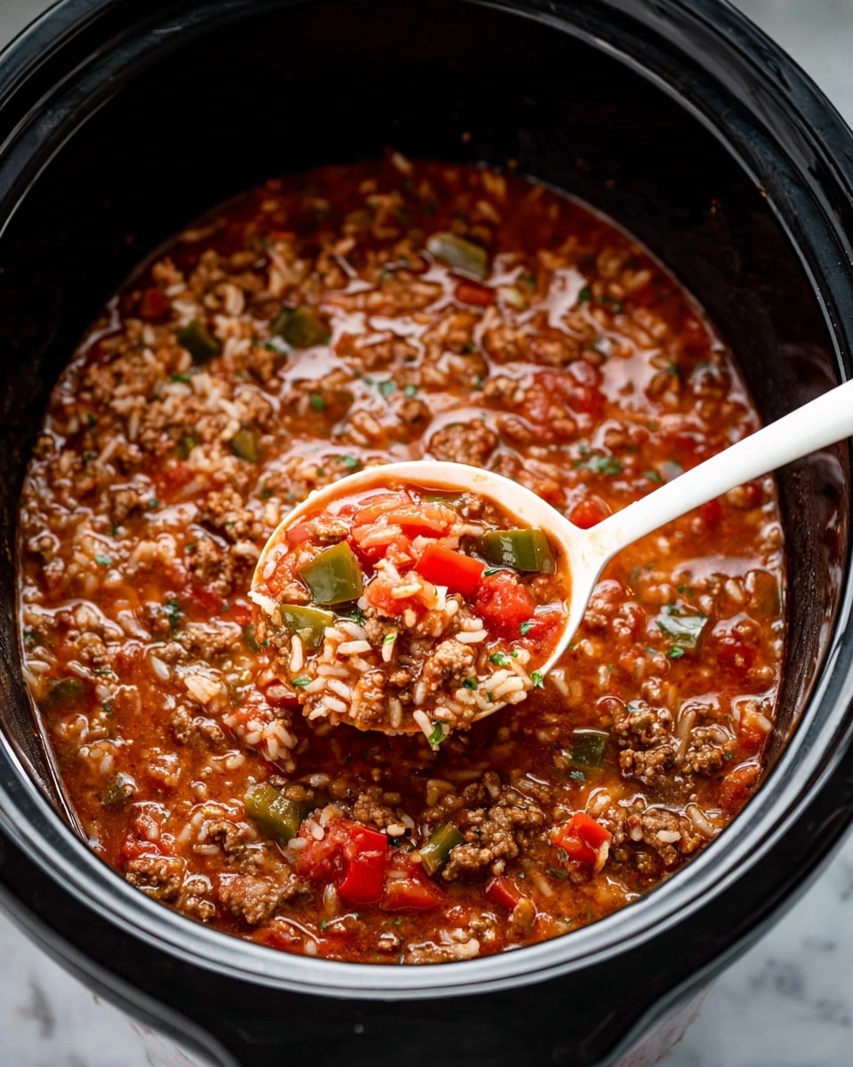 The image shows a black slow cooker filled with a thick, stew-like mixture. The dish contains visible layers of white rice, small bits of ground brown meat, and chopped red and green bell peppers. The red sauce binds all the ingredients together and has a slightly shiny, moist texture. A white ladle lifts some of the stew, highlighting the colorful pieces of tomato, meat, and rice. The slow cooker is placed on a white marbled surface. photo taken with an iphone --ar 4:5 --v 7