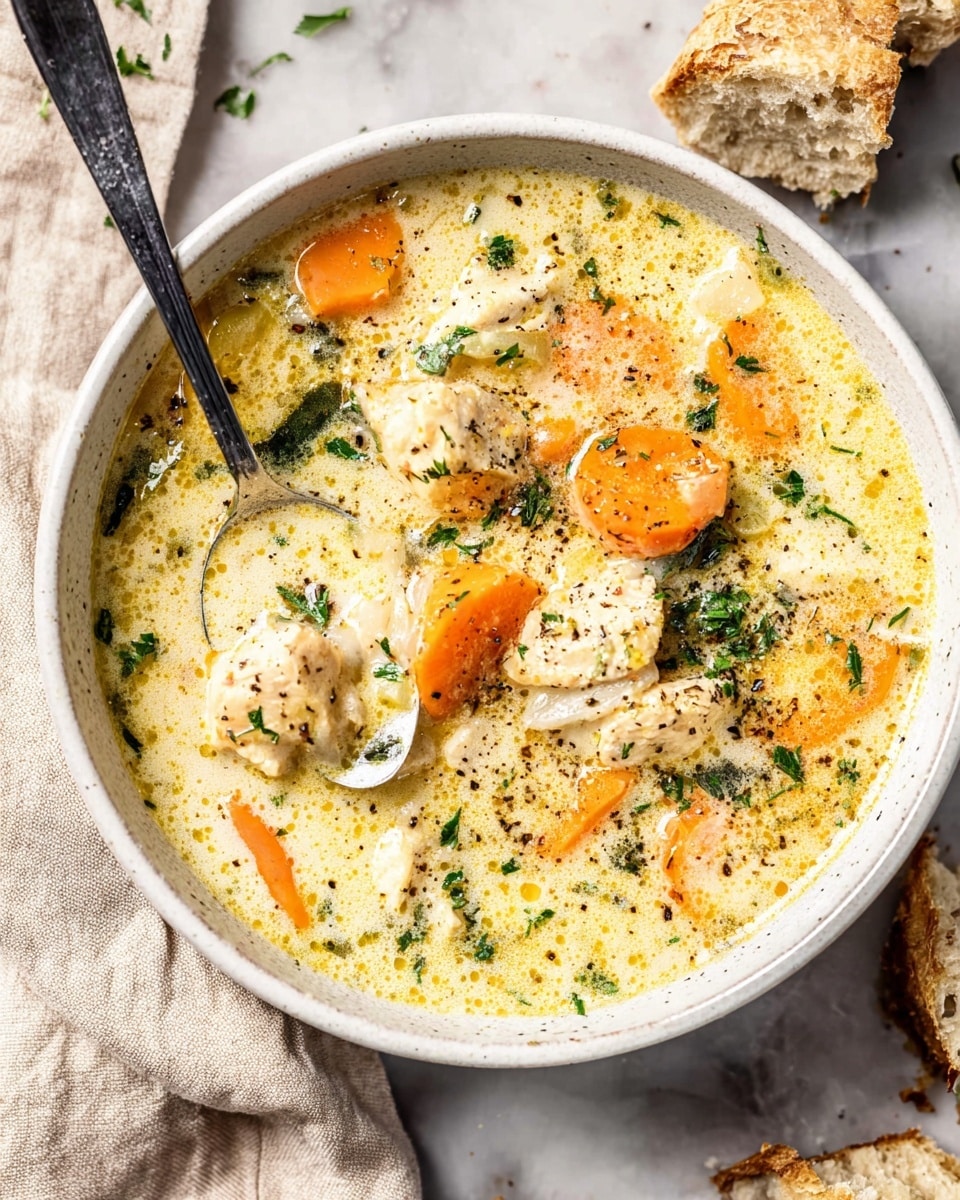 A bowl of creamy chicken soup with visible layers including chunks of white chicken pieces, bright orange carrot slices, and green herbs scattered on top. The thick soup base is light yellowish cream with specks of black pepper. The spoon rests inside the bowl on the left side, partially submerged in the soup. The bowl is white and placed on a white marbled surface with some bread pieces on a light beige cloth next to it. Photo taken with an iphone --ar 4:5 --v 7