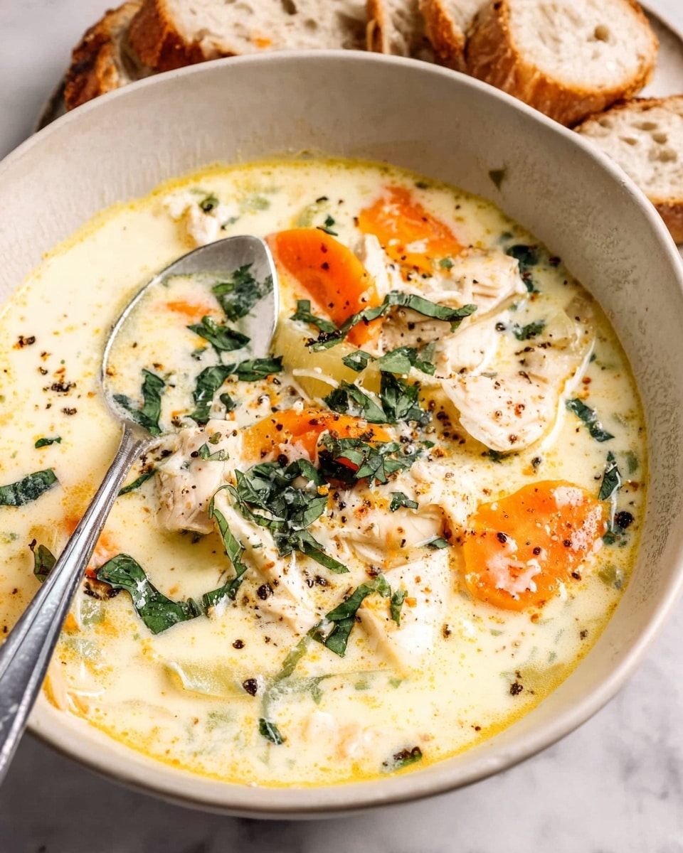 A white bowl is filled with a creamy soup showing about three main layers: the base creamy broth is pale yellow and smooth, topped with soft slices of orange carrots and pieces of light beige chicken, then sprinkled with fresh green herbs and small black pepper flakes on top. A silver spoon rests inside the soup on the left side of the bowl, and pieces of sliced bread are placed behind the bowl on a white marbled surface. Photo taken with an iphone --ar 4:5 --v 7