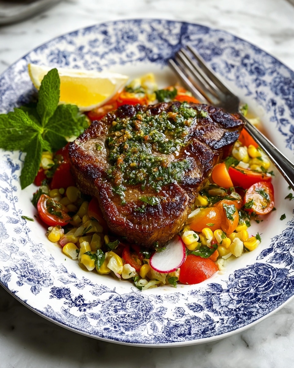 A thick grilled steak with a rich brown crust and green herb sauce on top stands centered on a blue and white floral patterned white plate. Beneath the steak is a colorful salad made of yellow corn, bright red and orange cherry tomatoes, thin slices of white radish, and green herbs, all mixed with small pieces of orzo pasta. To the left of the steak, a wedge of yellow lemon and fresh green mint leaves add extra color and freshness. A silver fork rests on the right edge of the plate, which sits on a white marbled surface. Photo taken with an iphone --ar 4:5 --v 7