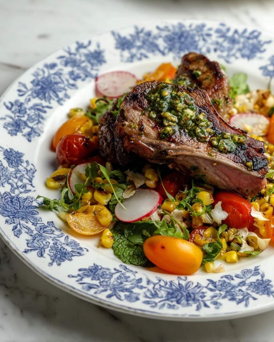The dish shows two pieces of grilled lamb chops resting on a colorful salad, all placed on a white plate with blue floral designs. The top layer is the lamb chop with a brown, slightly charred outside and a pink, juicy inside, topped with green herb sauce. Below the lamb, the salad is a mix of yellow grilled corn, red and orange cherry tomatoes, white and red radish slices, and bright green fresh herbs, giving it a fresh and vibrant look. The plate sits on a white marbled texture surface. photo taken with an iphone --ar 4:5 --v 7