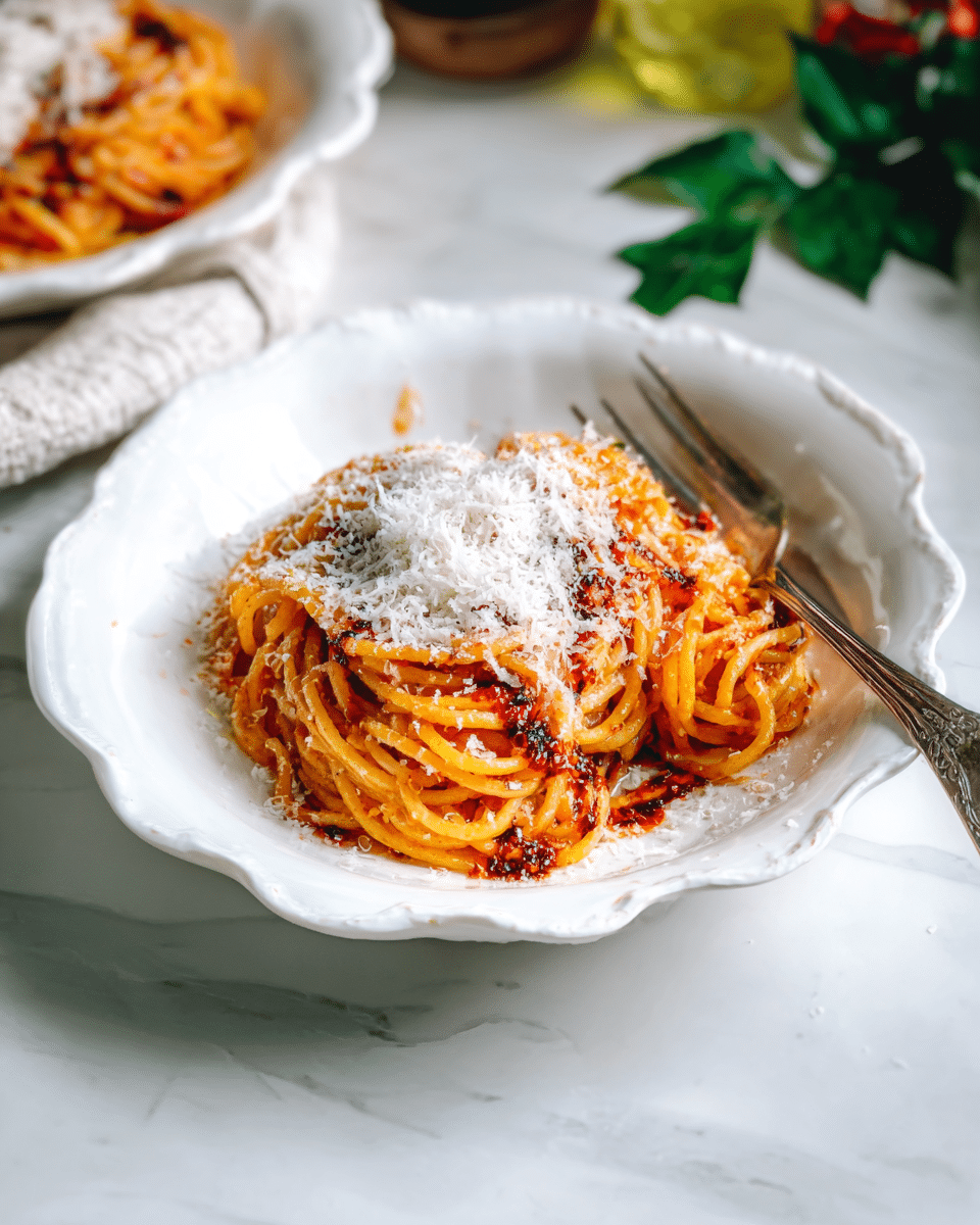 A white scalloped bowl contains a serving of spaghetti lightly coated in a bright orange-red sauce, with dark red chili oil drizzled on top in two visible stripes. The pasta is topped with a thick layer of finely grated white cheese, which covers the middle section. A vintage silver fork rests inside the bowl, placed towards the right edge, with its prongs touching the pasta. The bowl sits on a white marbled surface. In the blurred background, another similar bowl of the dish and some green leafy decoration are visible. Photo taken with an iphone --ar 4:5 --v 7