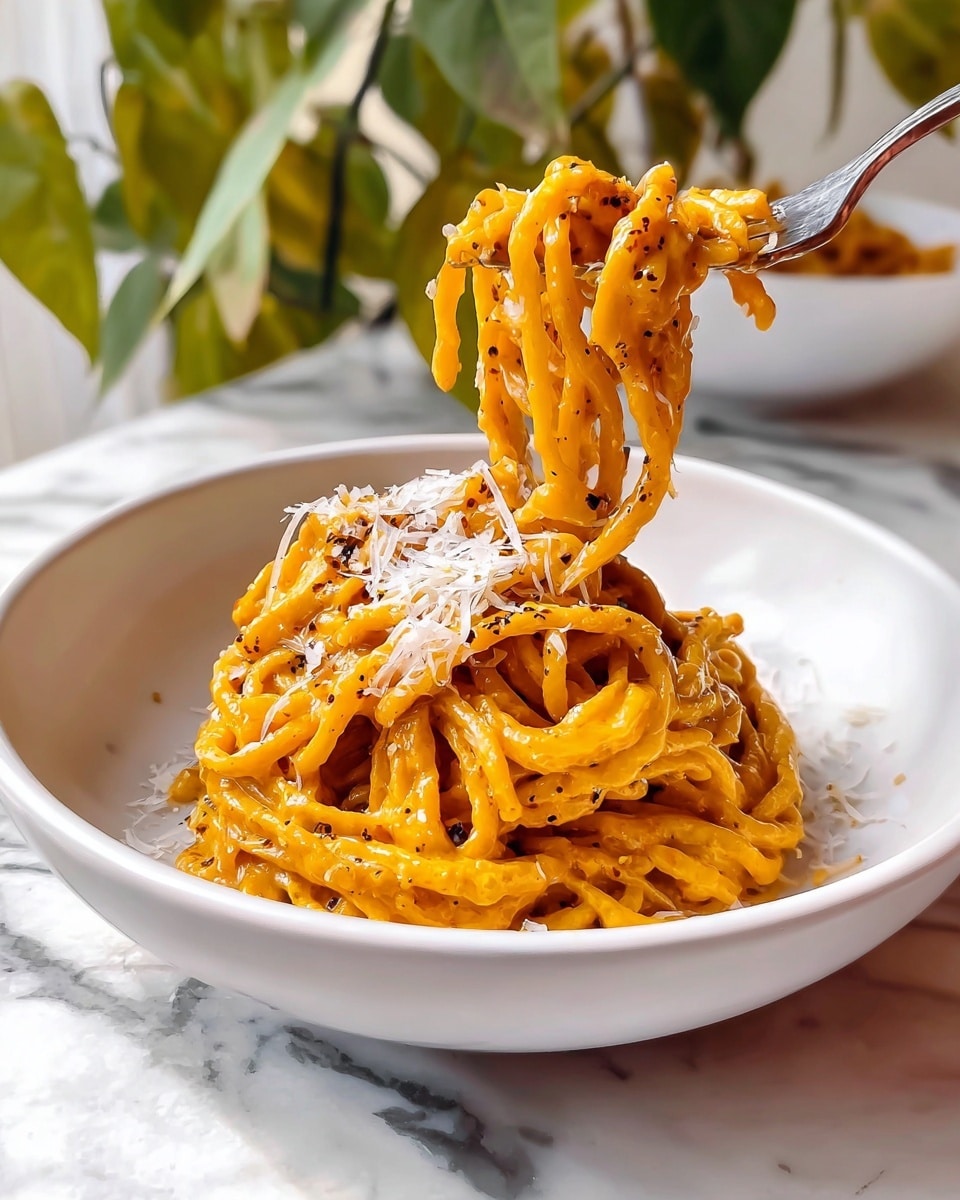 A white bowl holds a serving of thick, yellow-orange noodles coated in a shiny, creamy sauce with visible black pepper flakes. The noodles are twisted and piled high, with some strands lifted by a fork, showing their smooth and glossy texture. Shredded white cheese is sprinkled on top, adding a soft, delicate layer that contrasts with the rich noodles. The bowl sits on a white marbled surface, and in the background, a green plant adds a touch of fresh color. photo taken with an iphone --ar 4:5 --v 7
