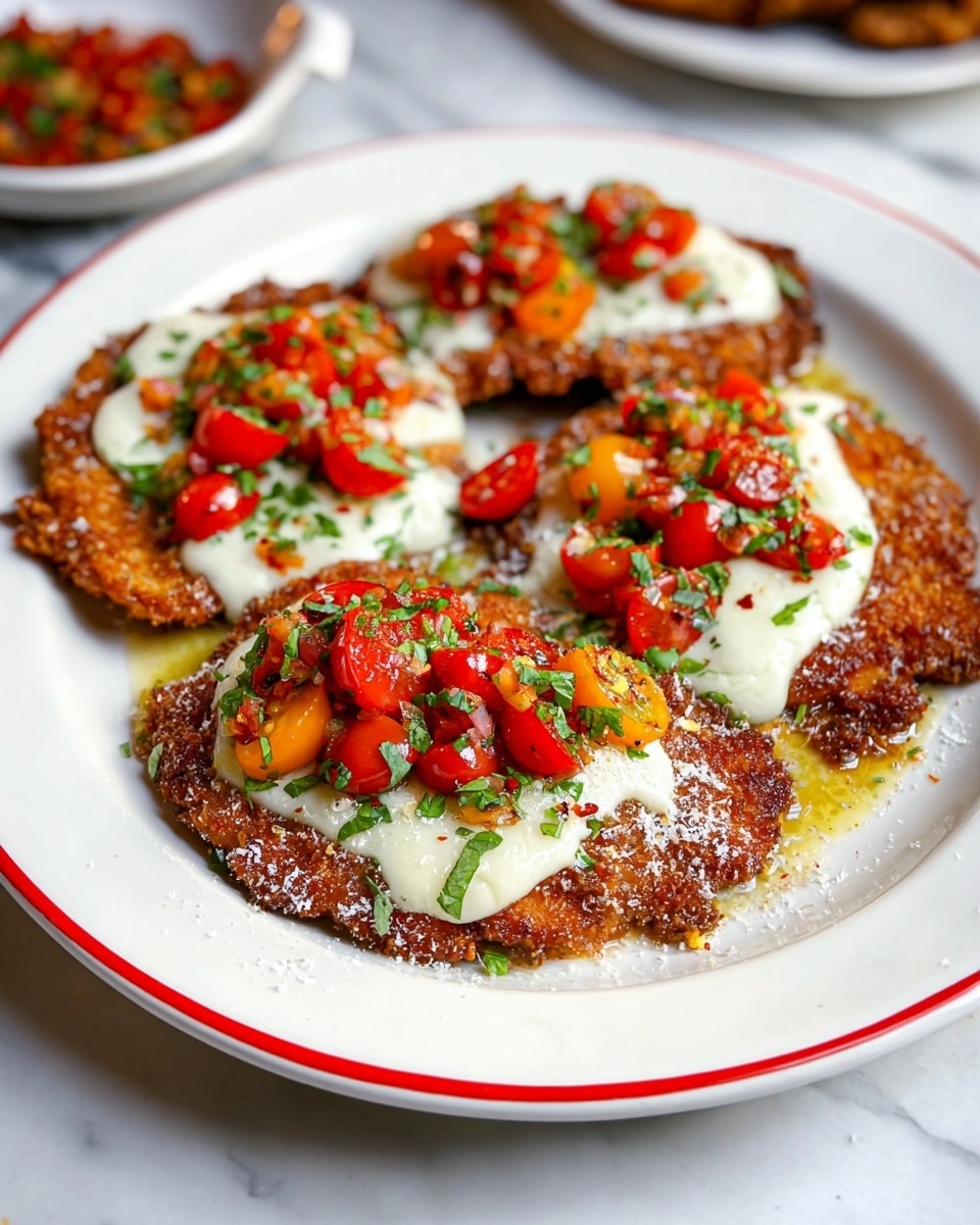 A white plate with two red stripes around the edge holds four pieces of crispy, golden-brown fried chicken cutlets. Each cutlet is topped with a thick layer of melted white cheese, which is creamy and slightly melted over the edges. On top of the cheese, there is a colorful mix of chopped red and orange cherry tomatoes, with bright green chopped herbs scattered over them, adding freshness and contrast. The cutlets are sprinkled lightly with finely grated white cheese, and there are small red chili flakes sprinkled here and there for a touch of spice. The plate sits on a white marbled surface with a shallow, white bowl with more tomato-herb mix blurred in the background. photo taken with an iphone --ar 4:5 --v 7